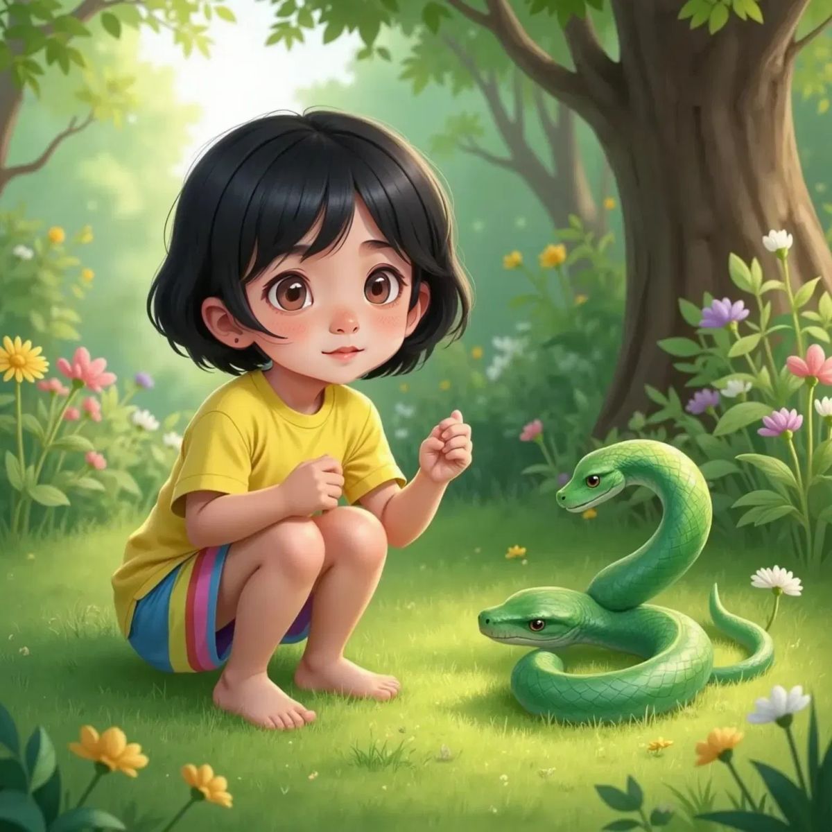 Sam with a surprised expression watching a green snake slithering away through tall grass