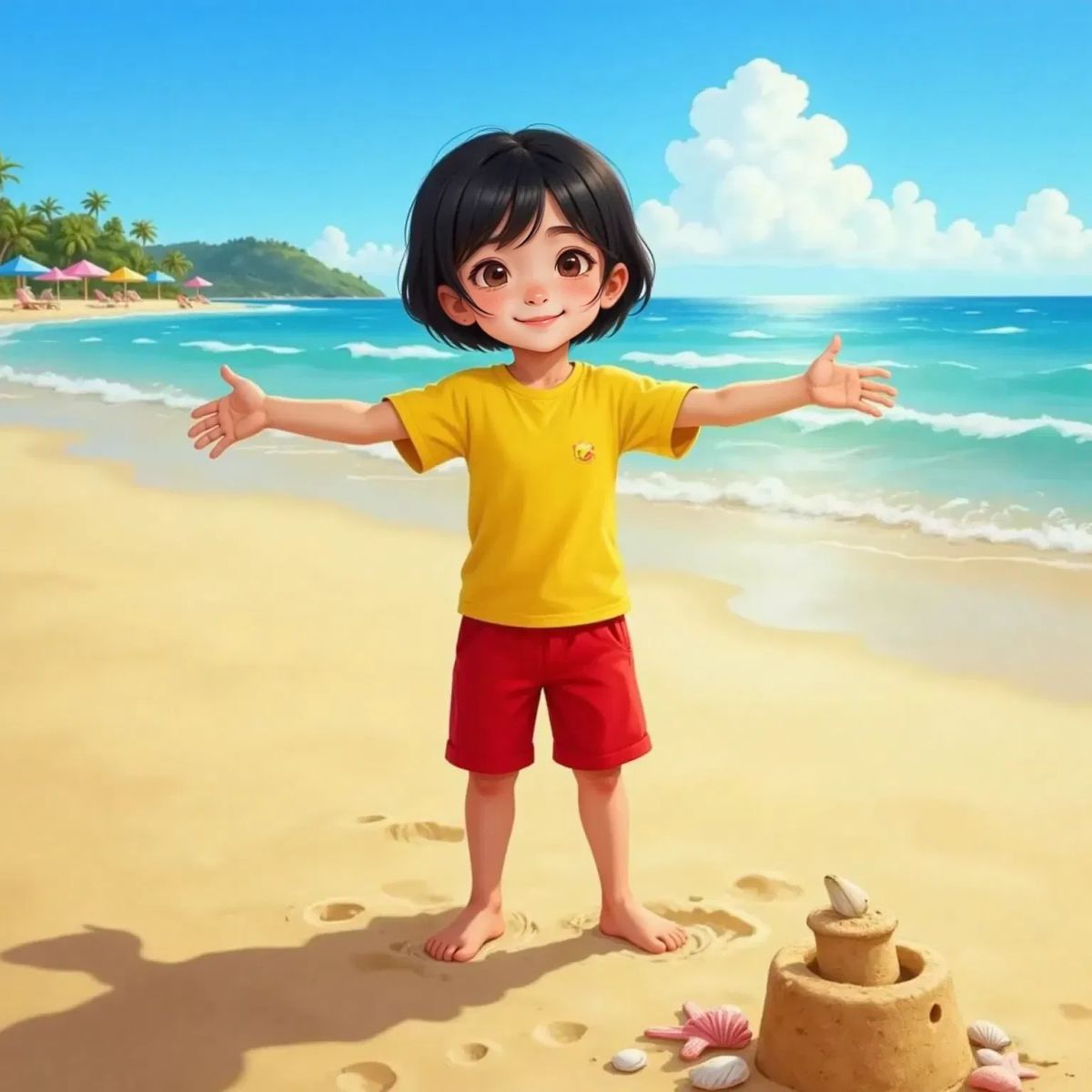 Sam standing on a beach with arms outstretched under a bright yellow sun, her shadow stretching long across the sand