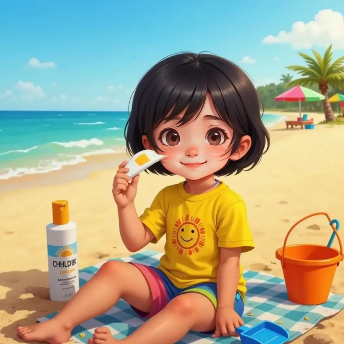 Sam applying white sunscreen to her slightly red nose, with a bottle of sunscreen nearby