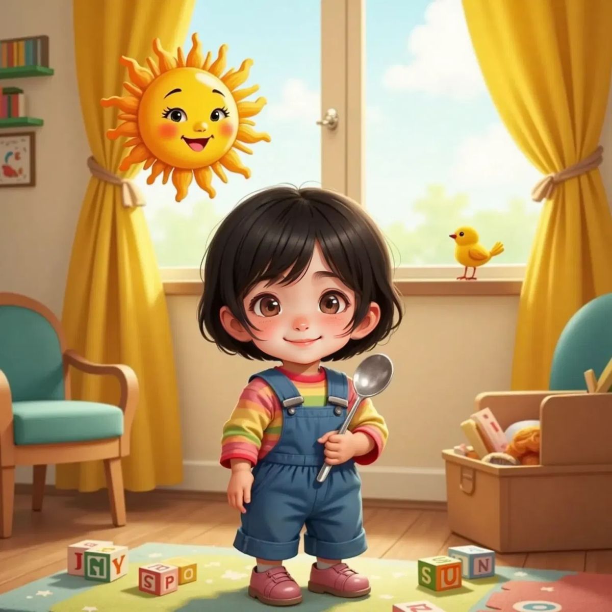 Sam with a big smile, surrounded by objects that start with S: a silver spoon, a bright sun, and a small bird