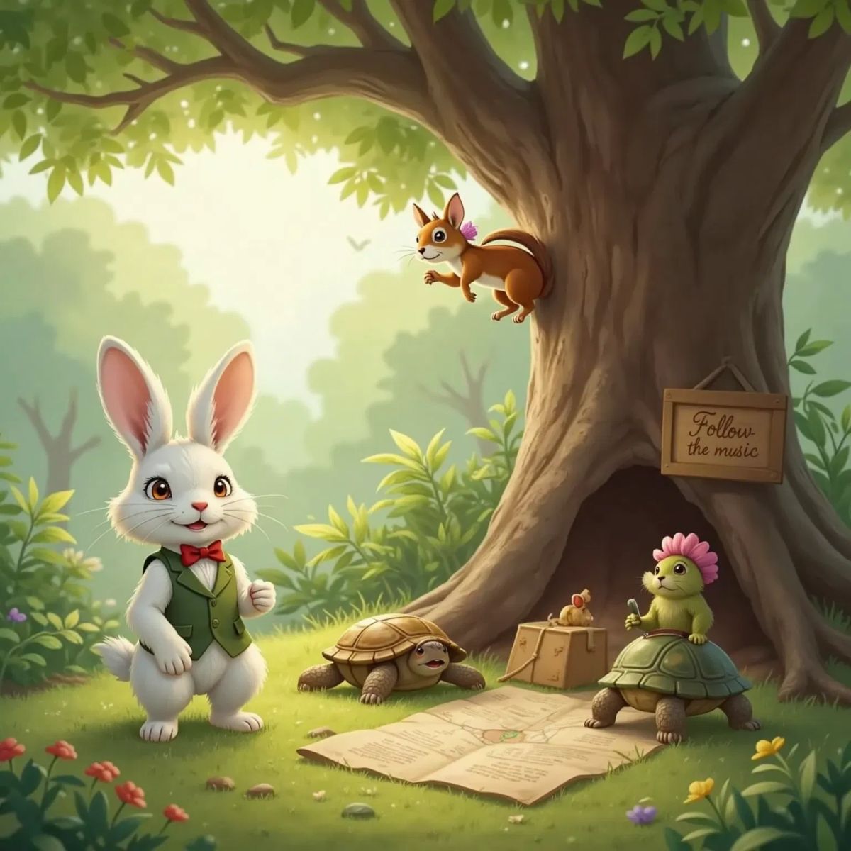 Mr. Whiskers, a white bunny in a green vest and red bow tie, and Tilly the Flying Turtle with small wings standing beside him. Mimi the Singing Squirrel with a flower hat singing from a tree.