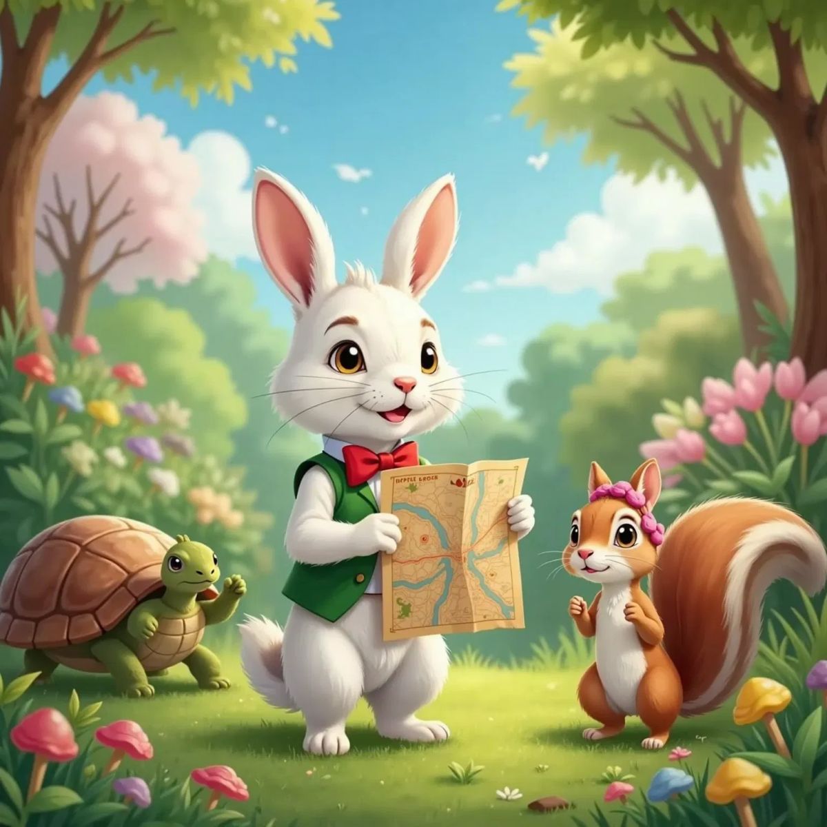 Mr. Whiskers holding a map with candy rivers and sparkly forests in the background. Tilly the Flying Turtle and Mimi the Singing Squirrel standing nearby.