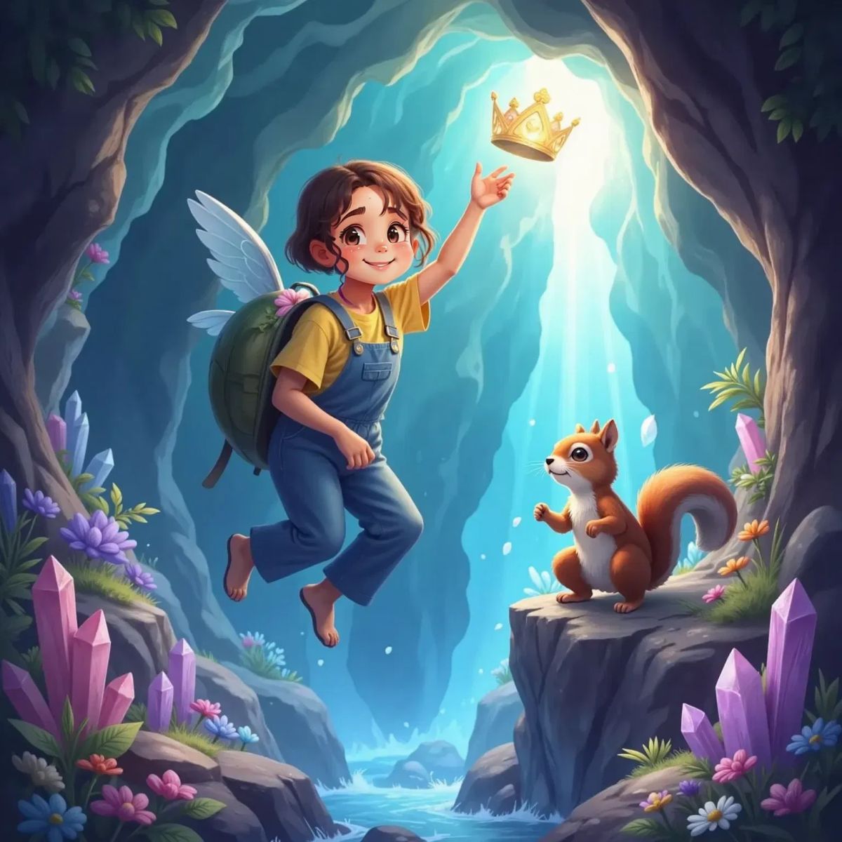 Lily being flown up by Tilly the Flying Turtle inside Crystal Cave, reaching for a sparkling crown on a high ledge. Mimi the Singing Squirrel singing below.
