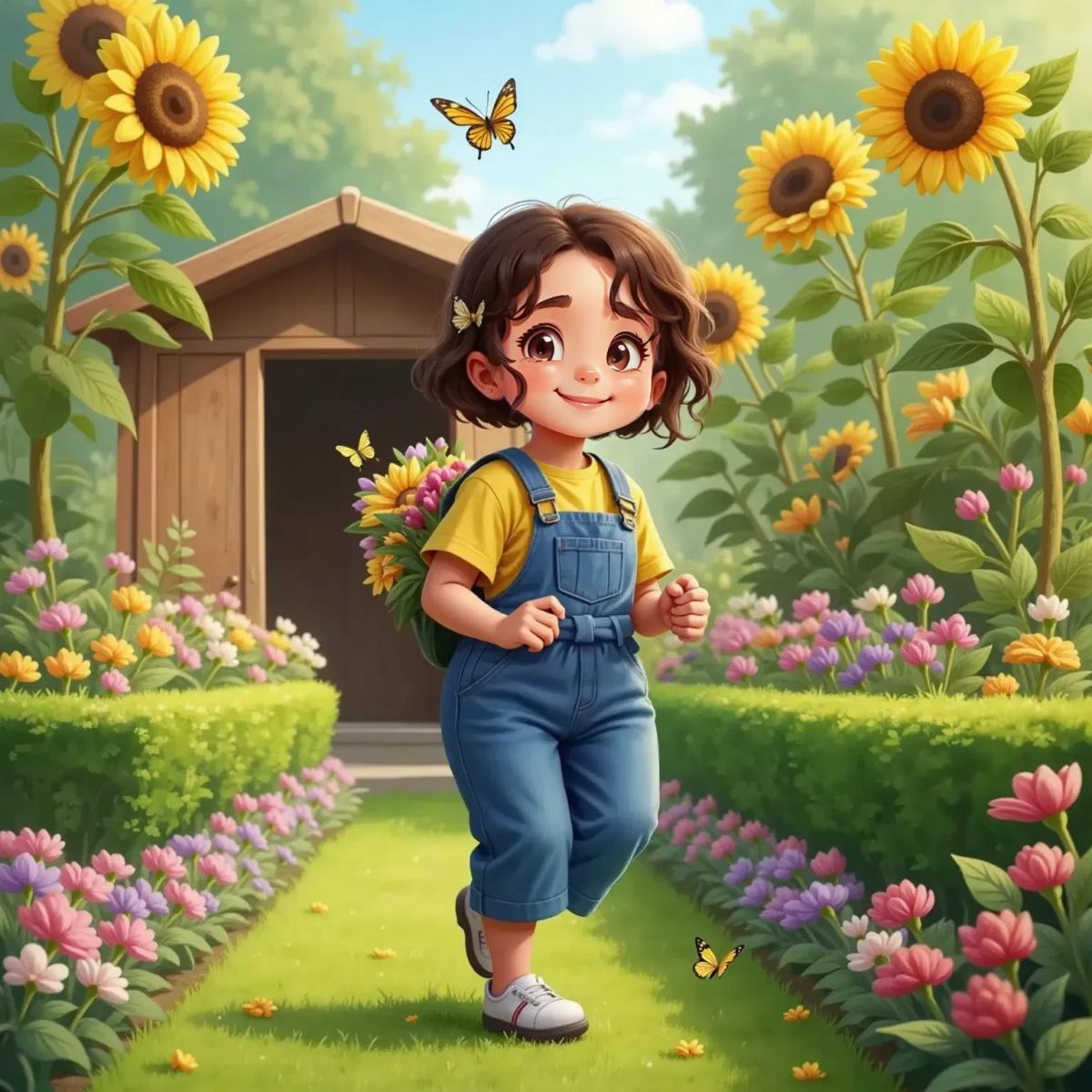 Lily skipping through a garden with colorful flowers and tall sunflowers, spotting a tiny wooden door behind them.