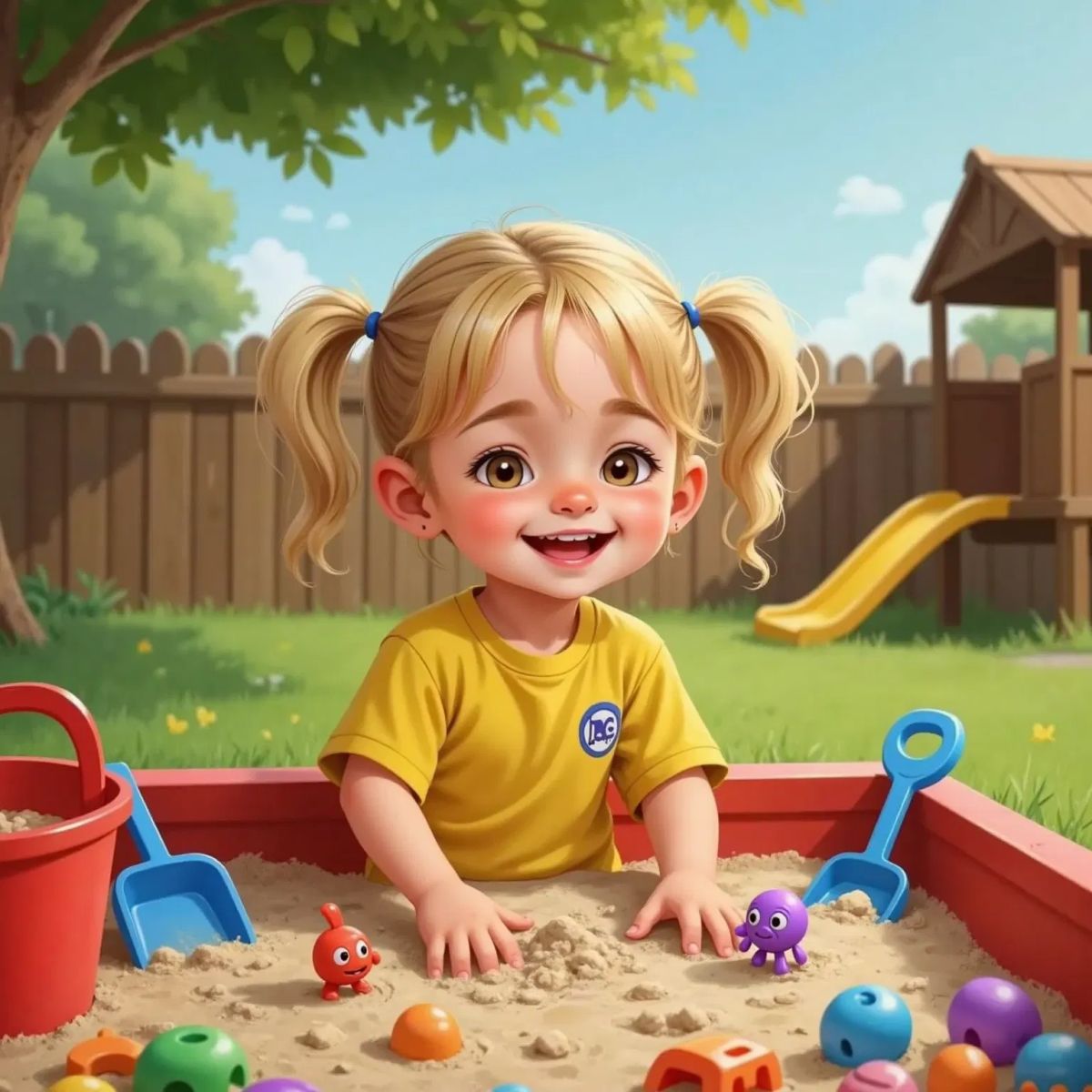 Jane playing in a sandbox with dirty hands, tiny Germy and a long purple germ dancing on her fingers
