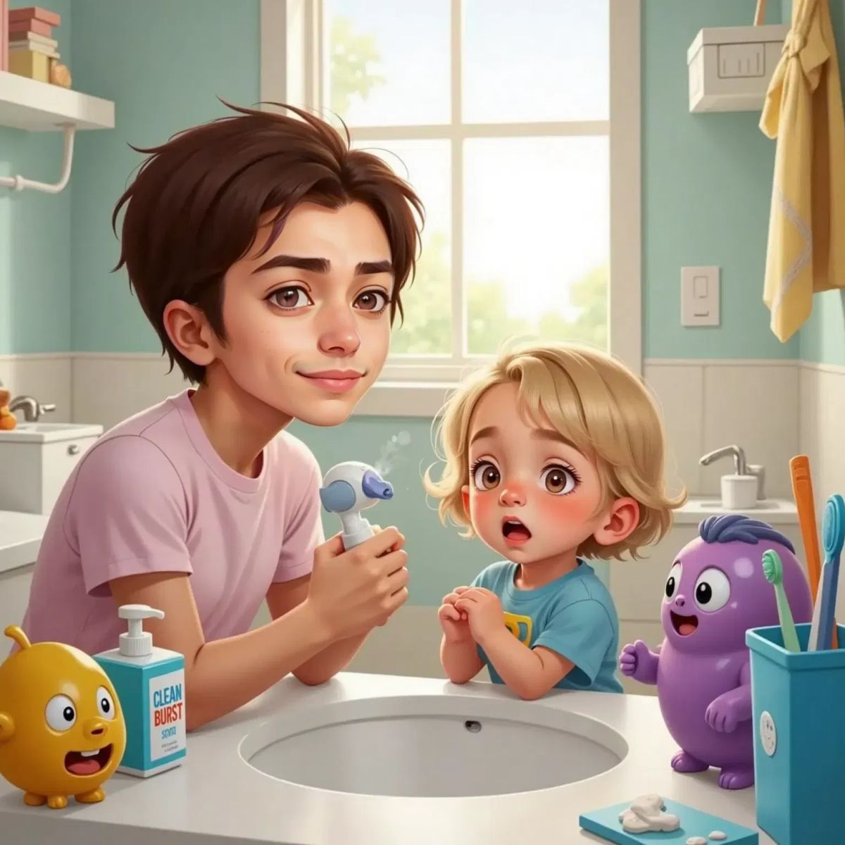 JJ smiling, holding a soap bottle near a bathroom sink. Germy and a long purple germ trembling on Jane's thumb.