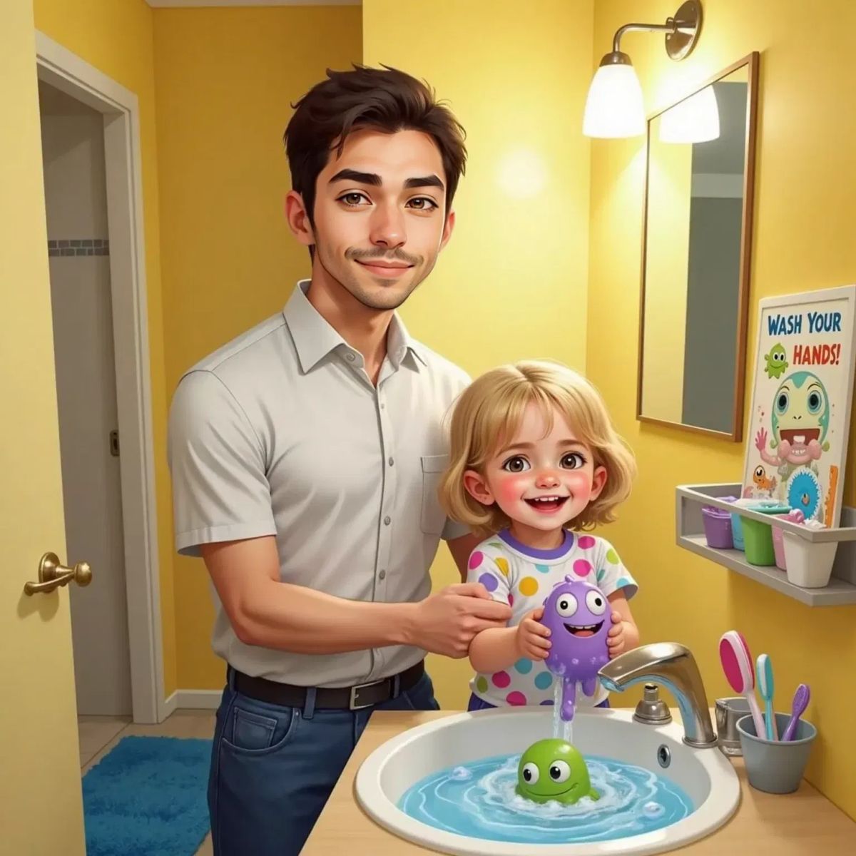 Jane rubbing her soapy hands together, Germy and a long purple germ sliding off her fingers towards the drain. JJ looking proud.