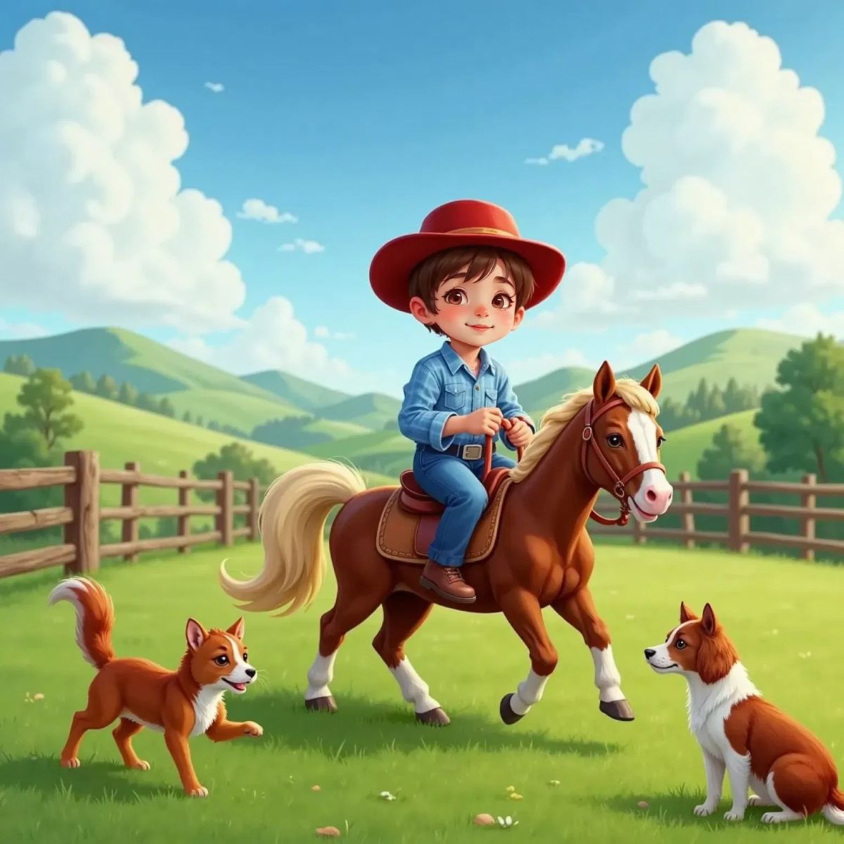 Red and Teddy, the family dogs, running alongside Charlie the pony with Ben riding, Patty the cat watching from a distance