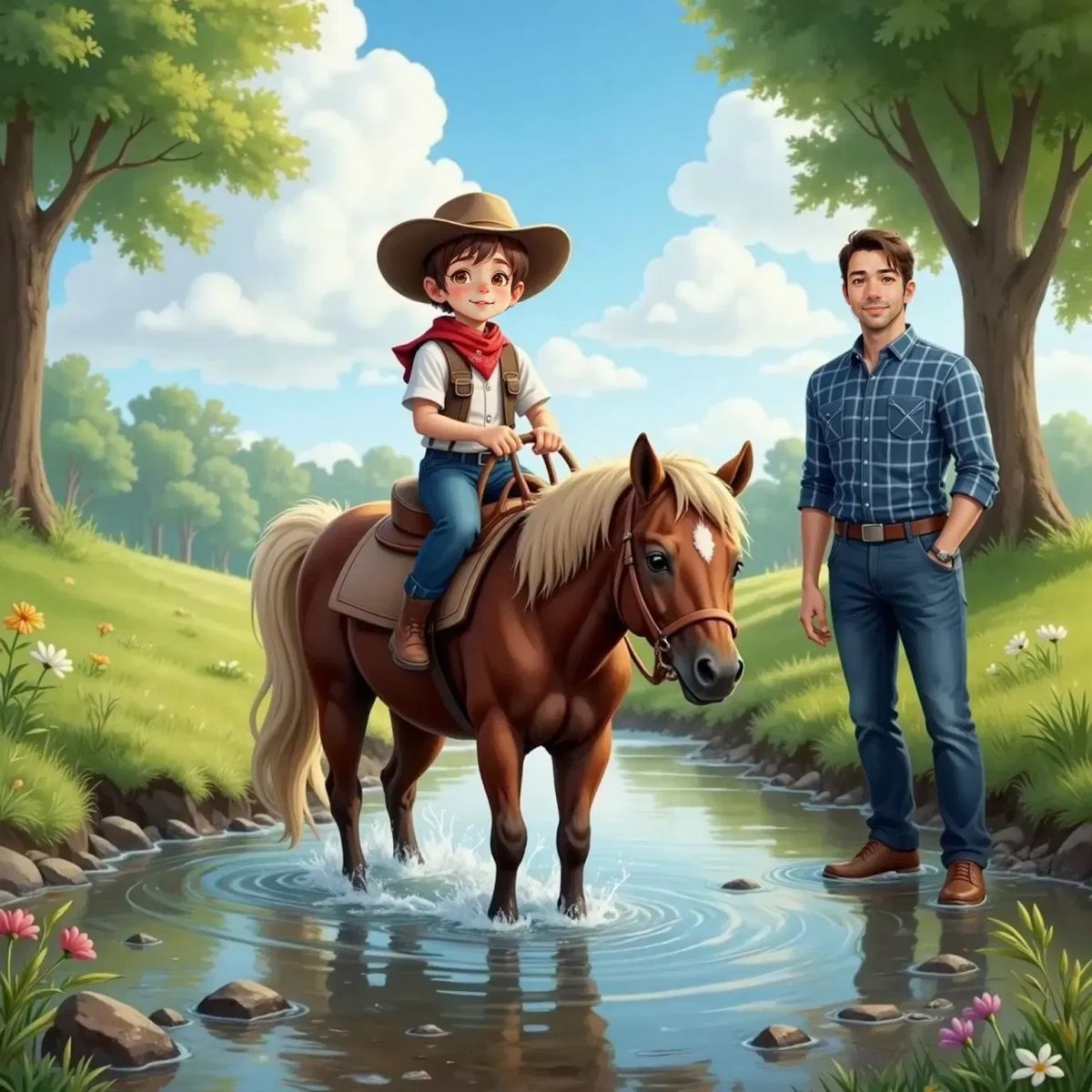 Charlie the pony cautiously stepping across a small stream with Ben on his back, Dad watching
