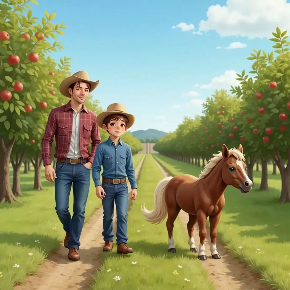 Ben guiding Charlie the pony toward an apple orchard, with Dad walking beside them
