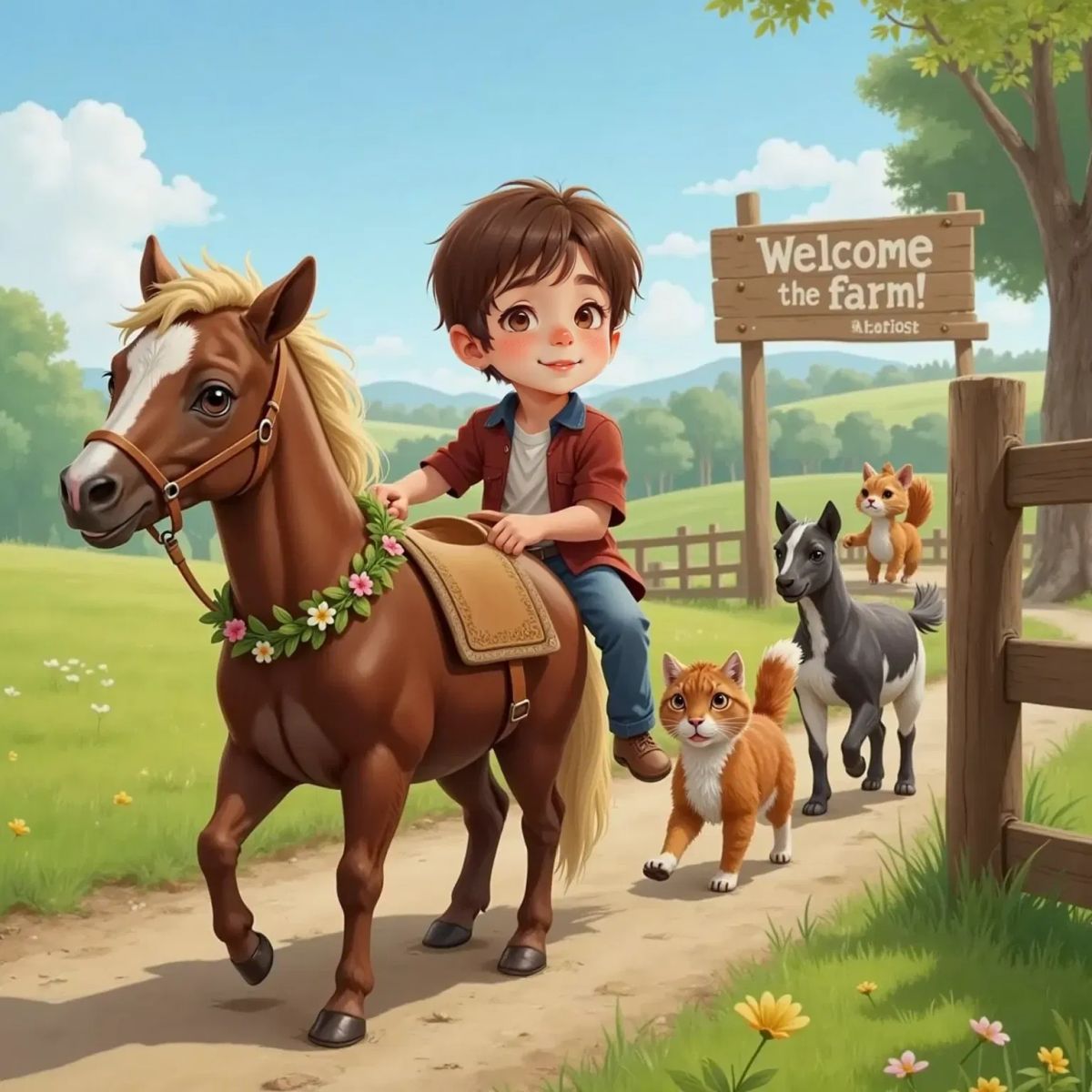 Ben leading a farm parade with Charlie the pony, followed by Honey the goat, Red and Teddy the dogs, and Tabby and Patty the cats