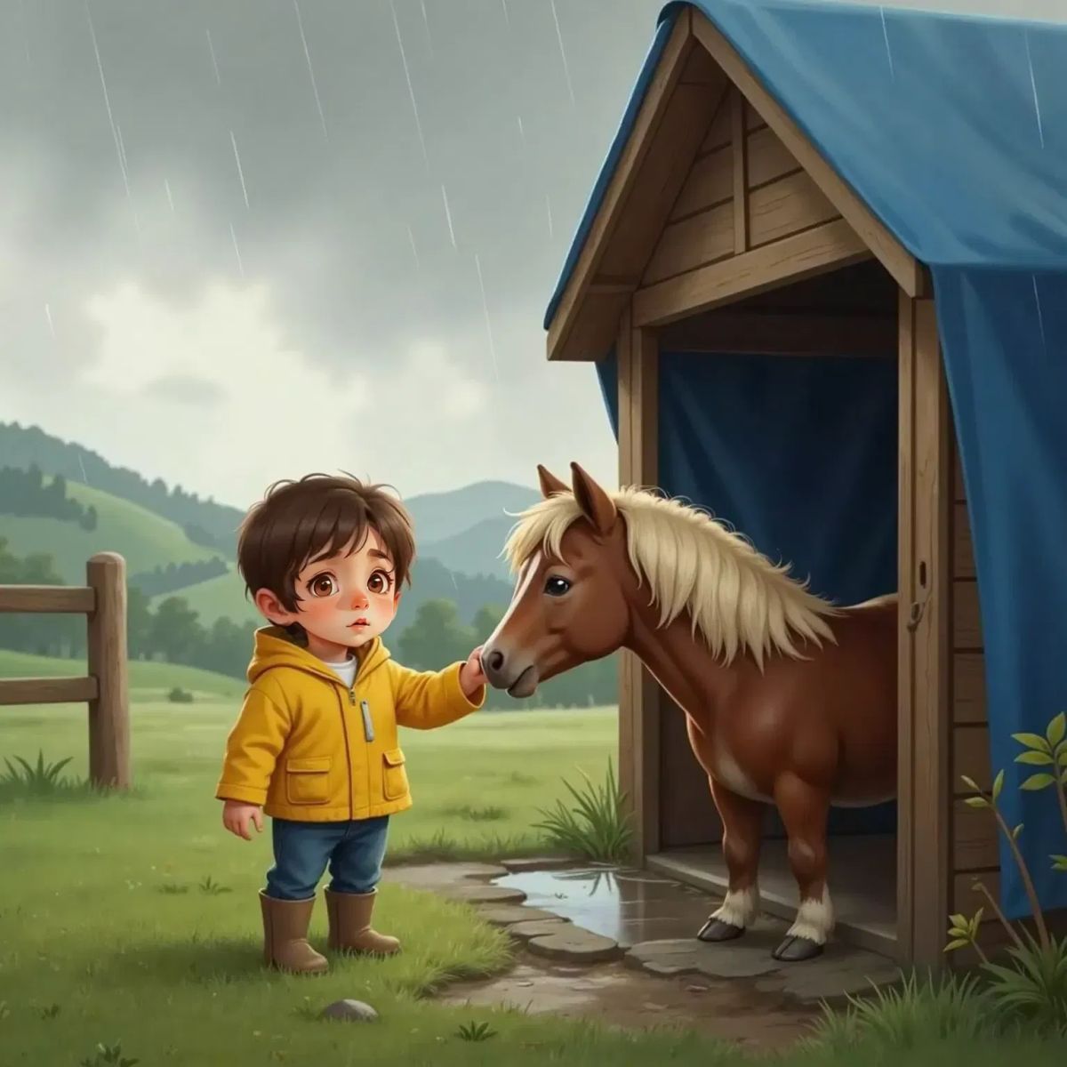 Ben wearing a raincoat, standing by Charlie the pony's shelter in the rain, looking concerned