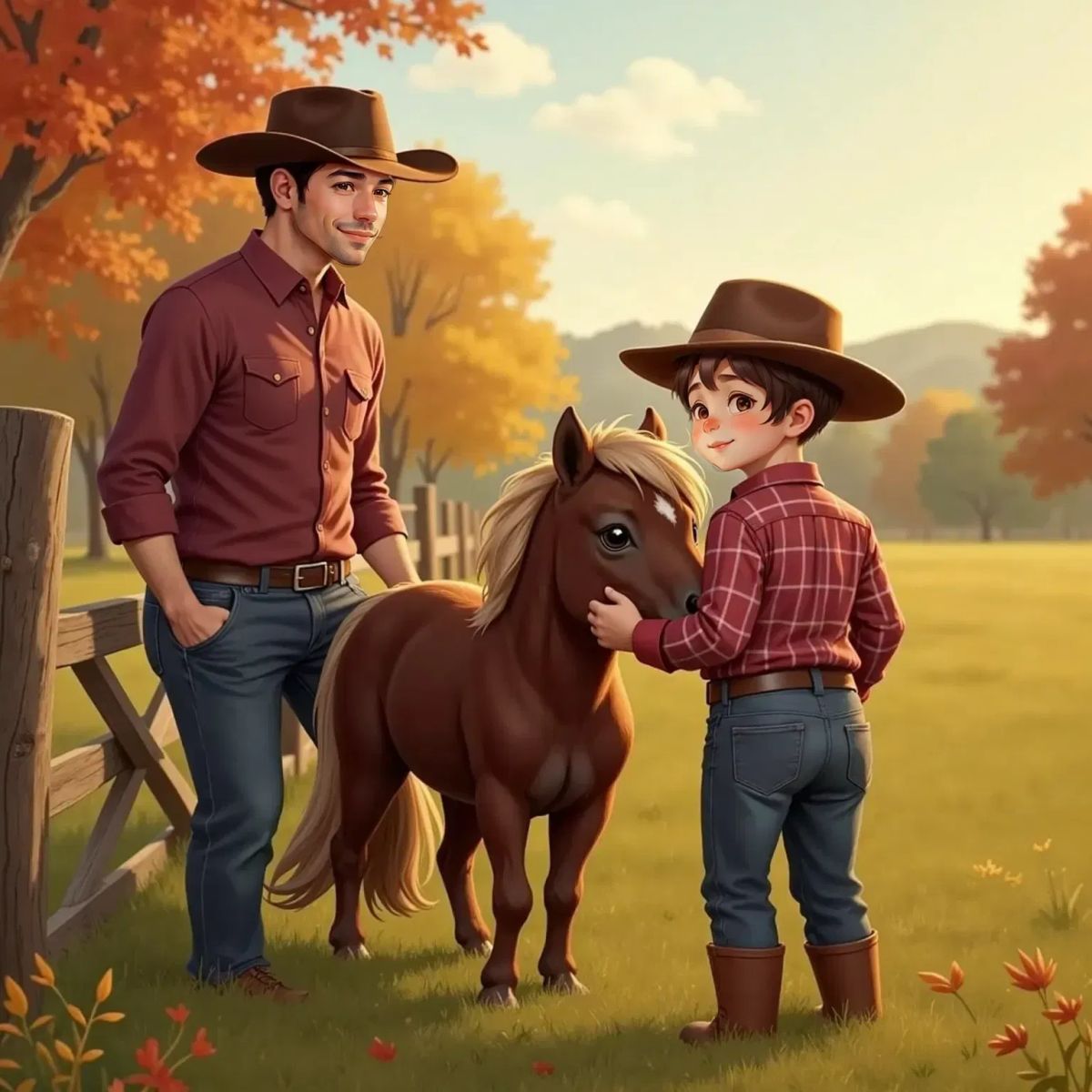 Ben hugging Charlie the pony's neck, with an autumn landscape in the background, Dad looking proud
