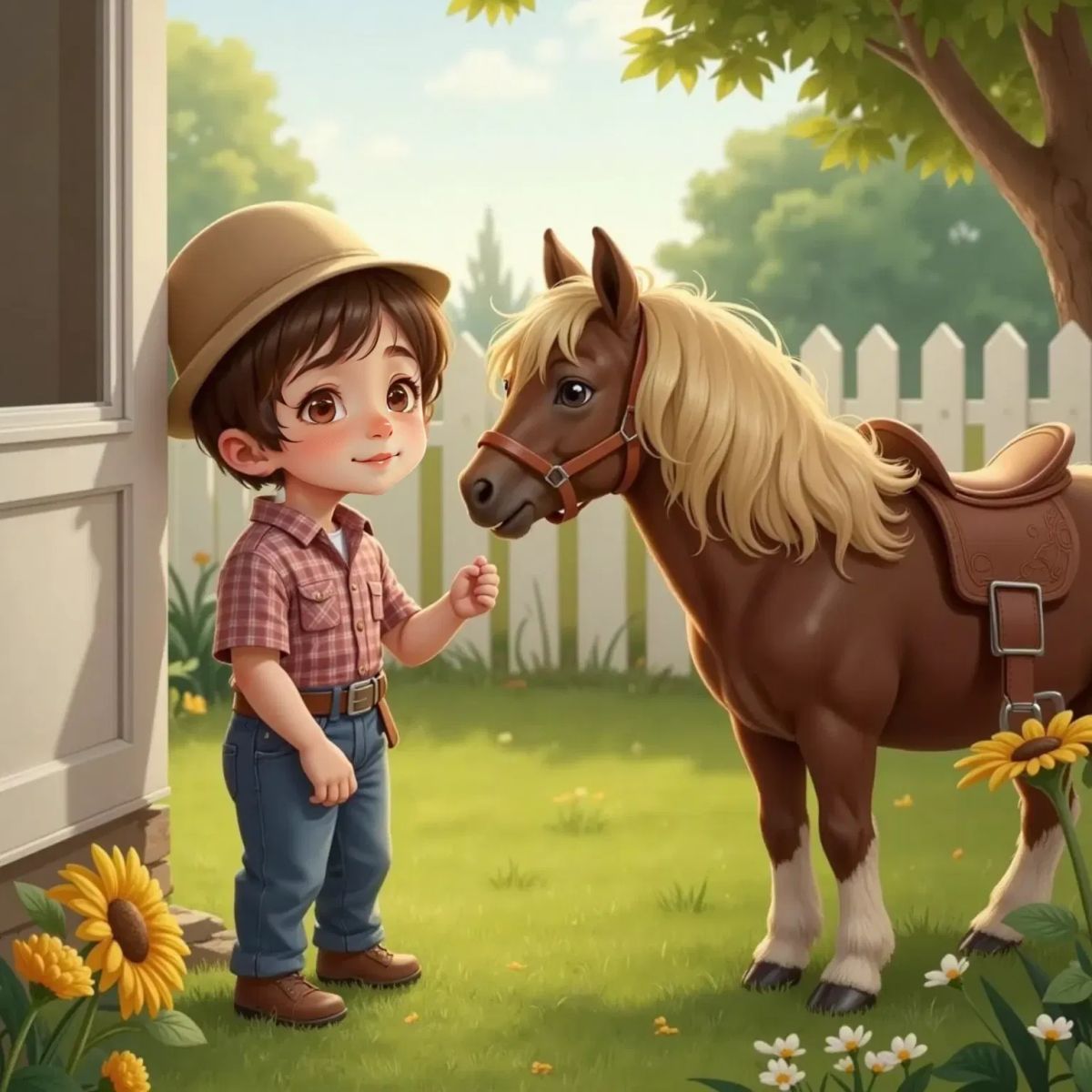 Ben looking excitedly out of a window at a chocolate brown Shetland pony with a blonde mane standing in the yard
