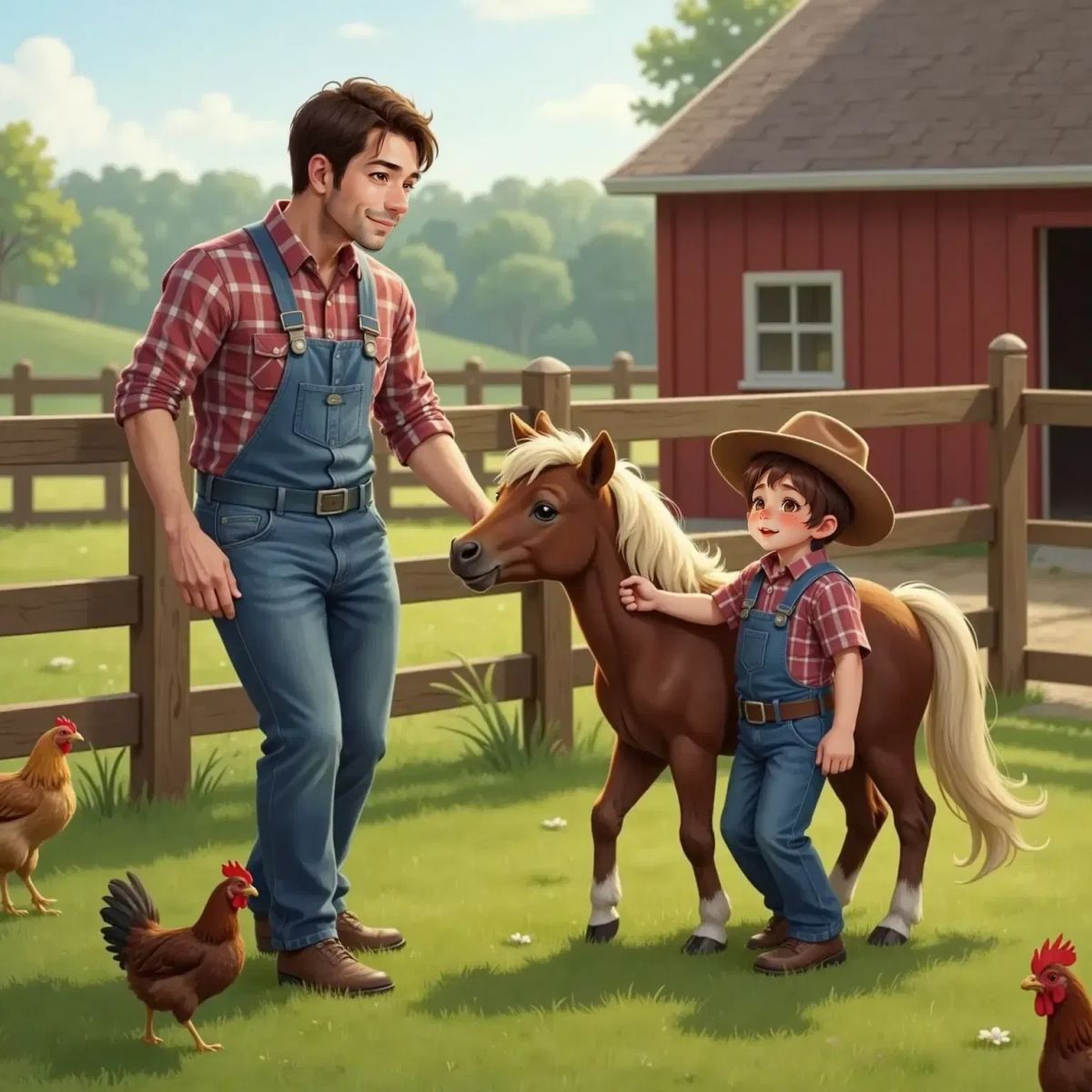 Dad leading Charlie the pony to a giggling Ben, who is reaching out with his hand