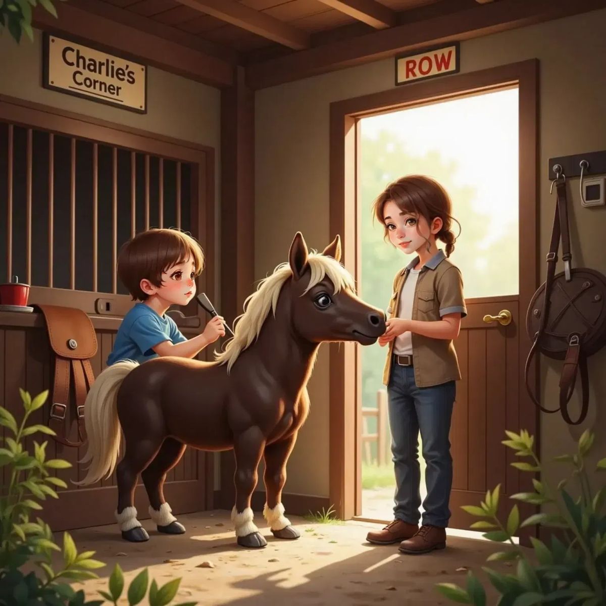 Ben concentrating as he brushes Charlie the pony's chocolate brown coat, with Mom watching