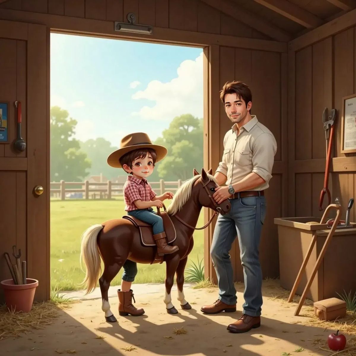 Ben practicing putting a small saddle on Charlie the pony, with Dad instructing him