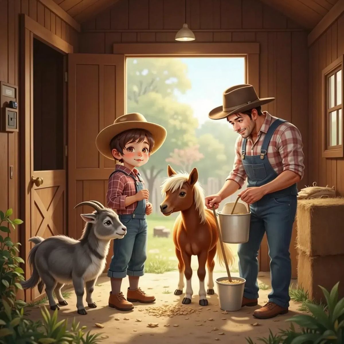 Ben and Dad preparing Charlie's breakfast while Honey the goat and Tabby the cat observe from a distance