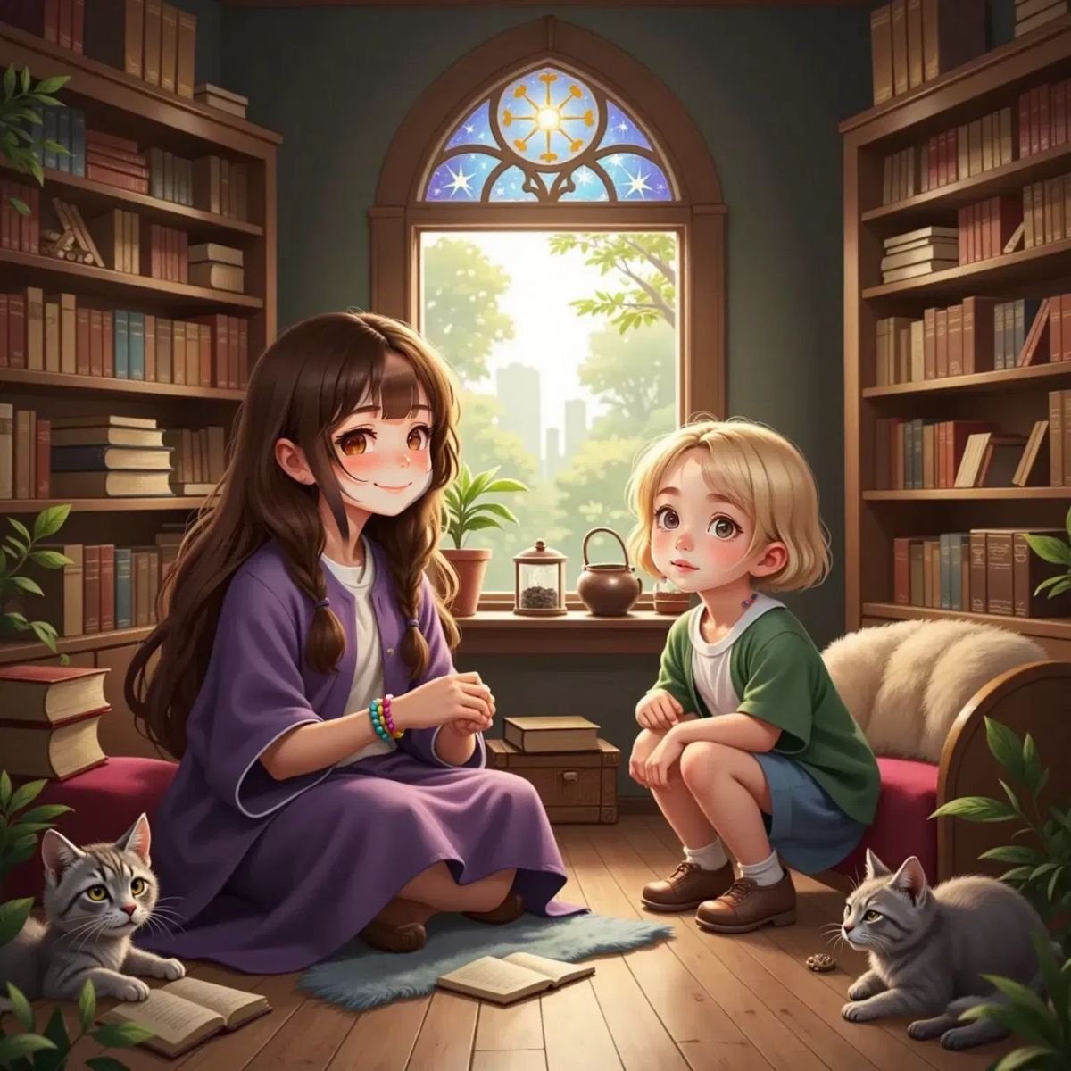 Allaria with long brown hair, sitting with a curious Emma, explaining something with a gentle smile. A cozy room with shelves full of books and trinkets in the background.