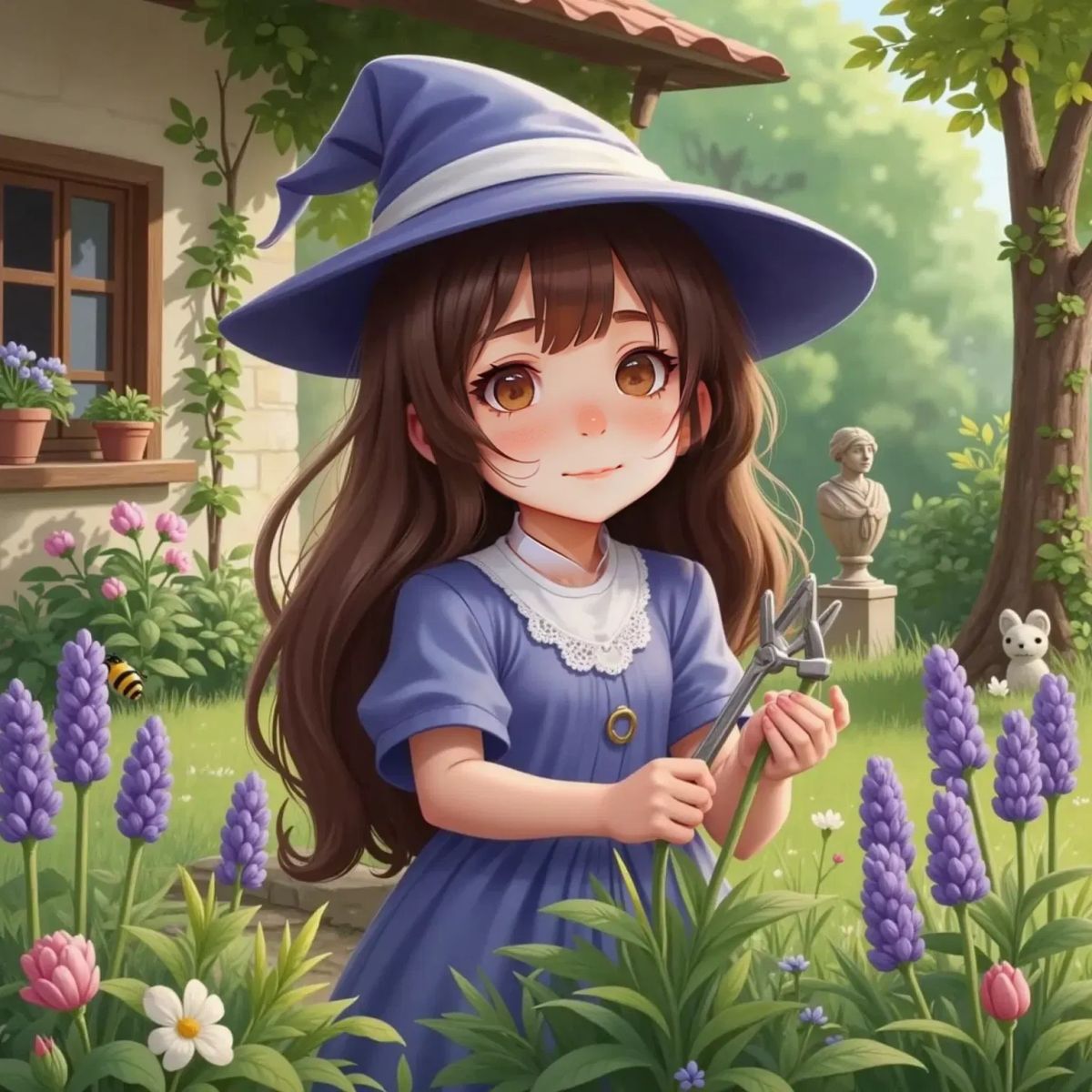 Allaria snipping lavender flowers in a lush garden, looking focused and calm. A kitchen window visible in the background.