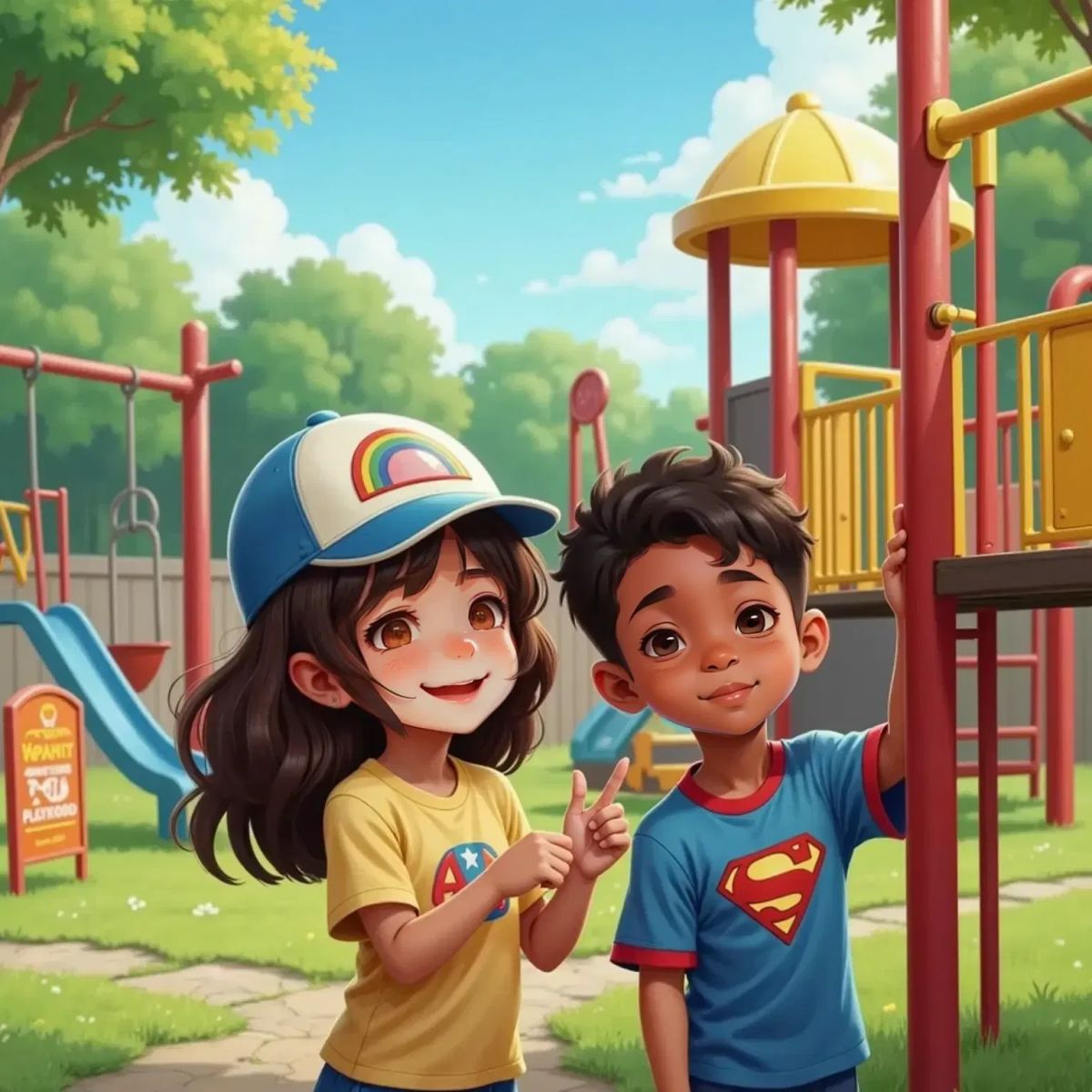 Allaria wearing a rainbow baseball cap, laughing with Jake at a school playground. A colorful playground set in the background.