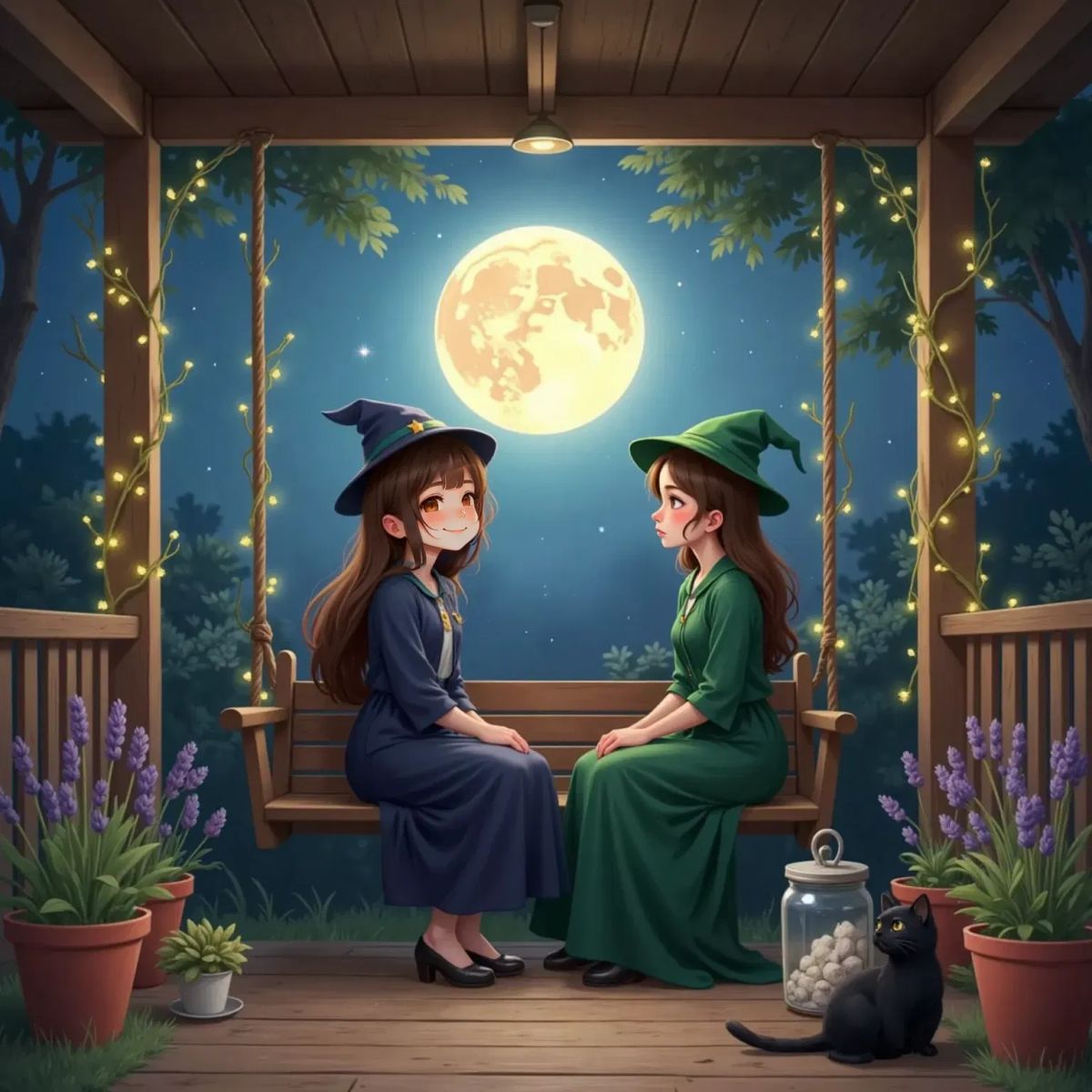 Allaria and her mom sitting on a porch, smiling at each other watching a glowing full moon. A jar of water glistening in the moonlight on the porch railing.