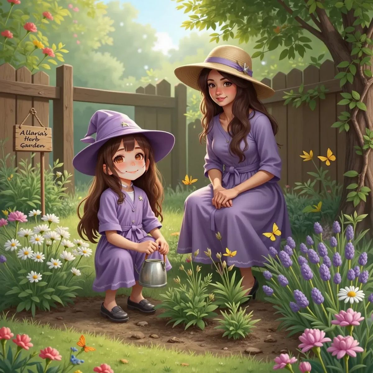 Allaria tending to a vibrant garden with her mom, surrounded by herbs like rosemary and lavender. A wooden fence enclosing the garden.