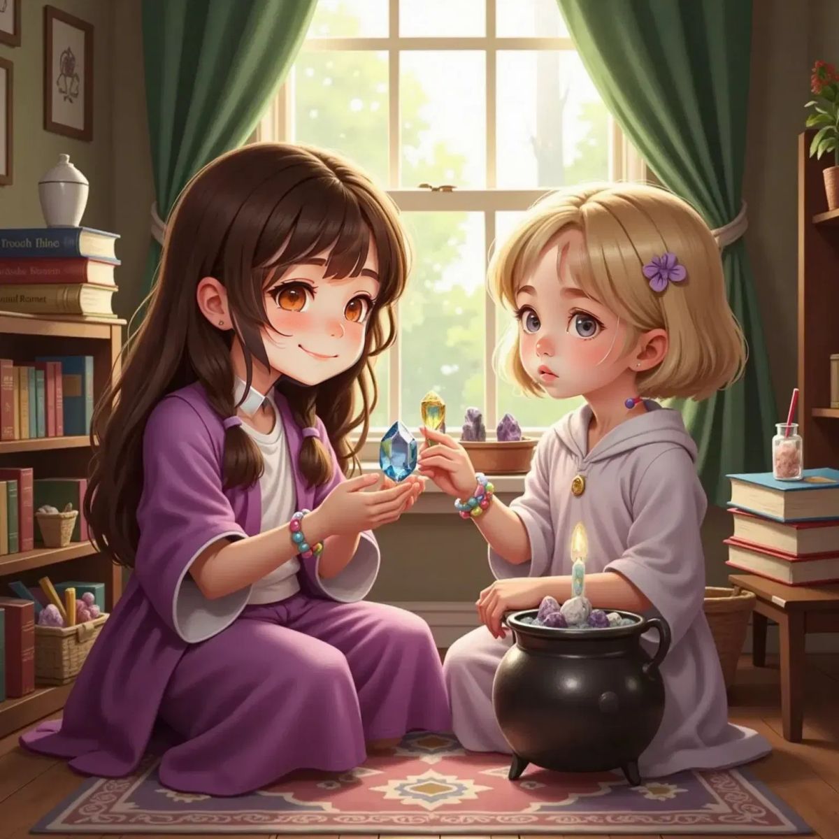 Allaria showing a piece of moonstone to Emma on a playdate. Crystals lined up on a windowsill catching sunlight.