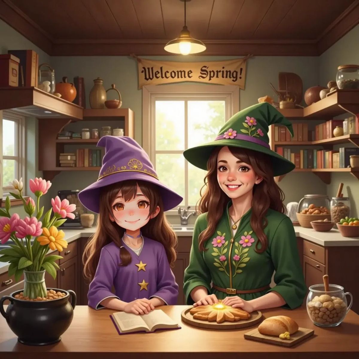 Allaria and her mom in a witches kitchen, flowers on a table, celebrating the first day of spring. A loaf of bread shaped like the sun on the table.