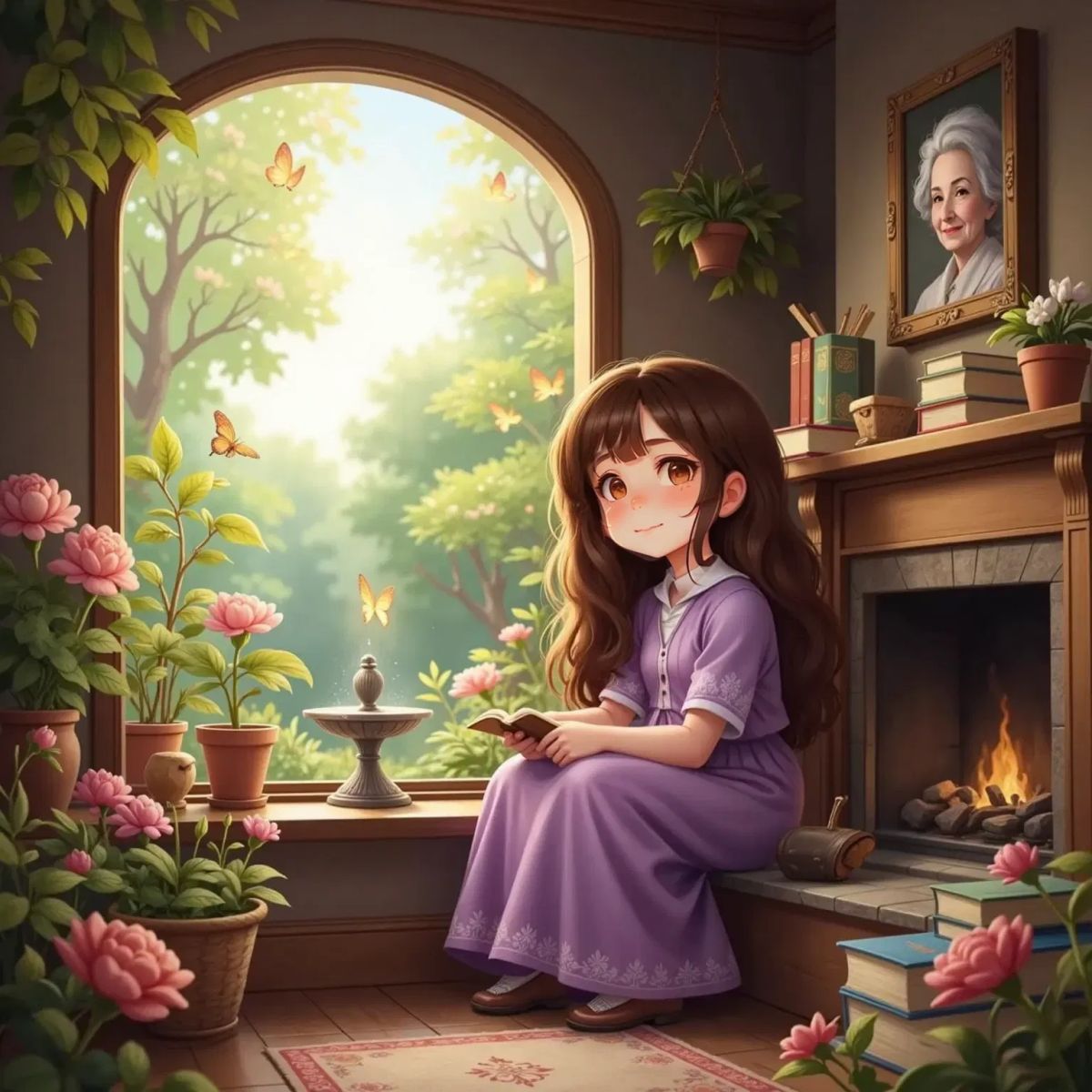 Allaria looking thoughtful, remembering her mom's words about responsibility. A serene garden visible through a window.
