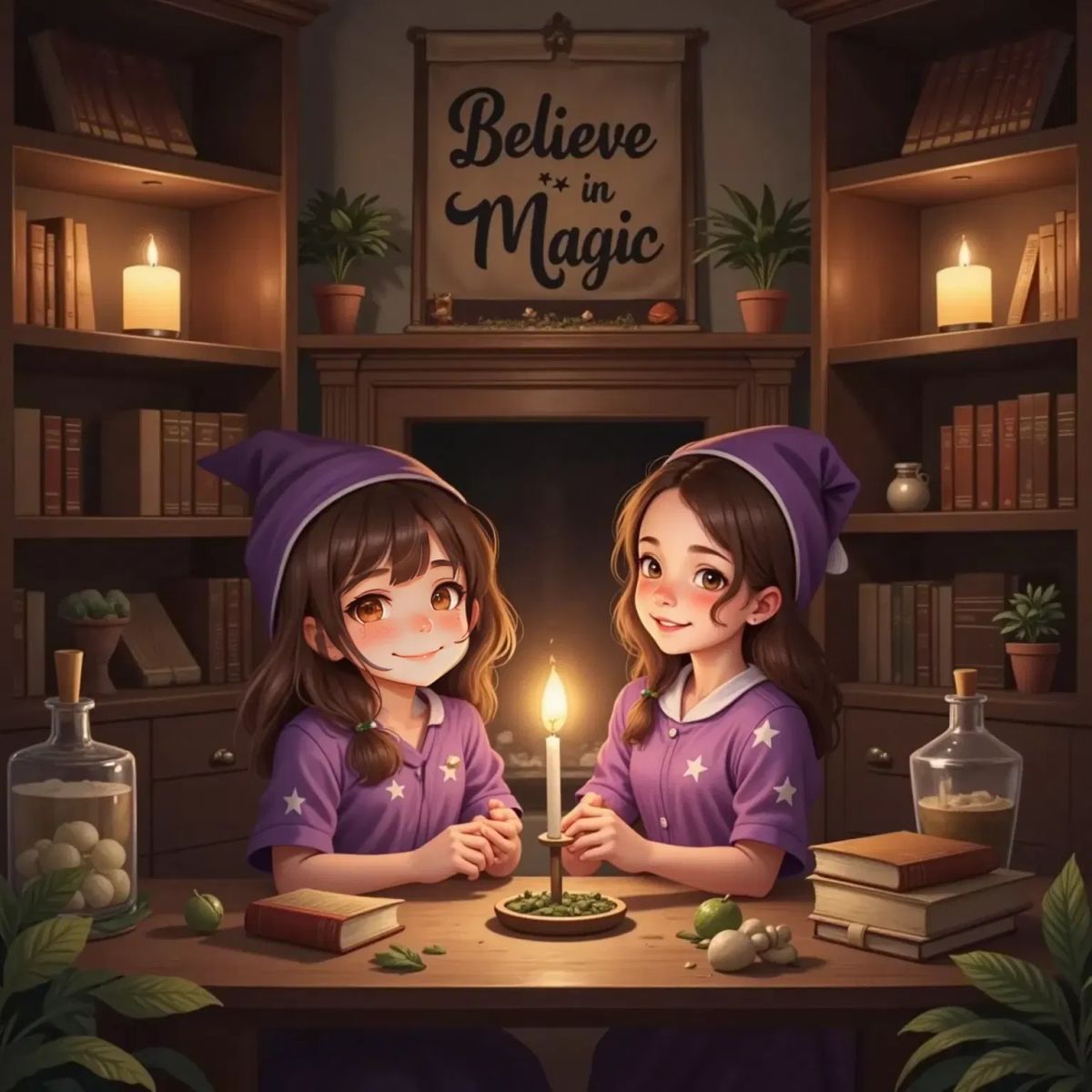 Allaria and her mom lighting a candle together in a witchy livingroom, focusing on a small intention. A cozy room with warm lighting.
