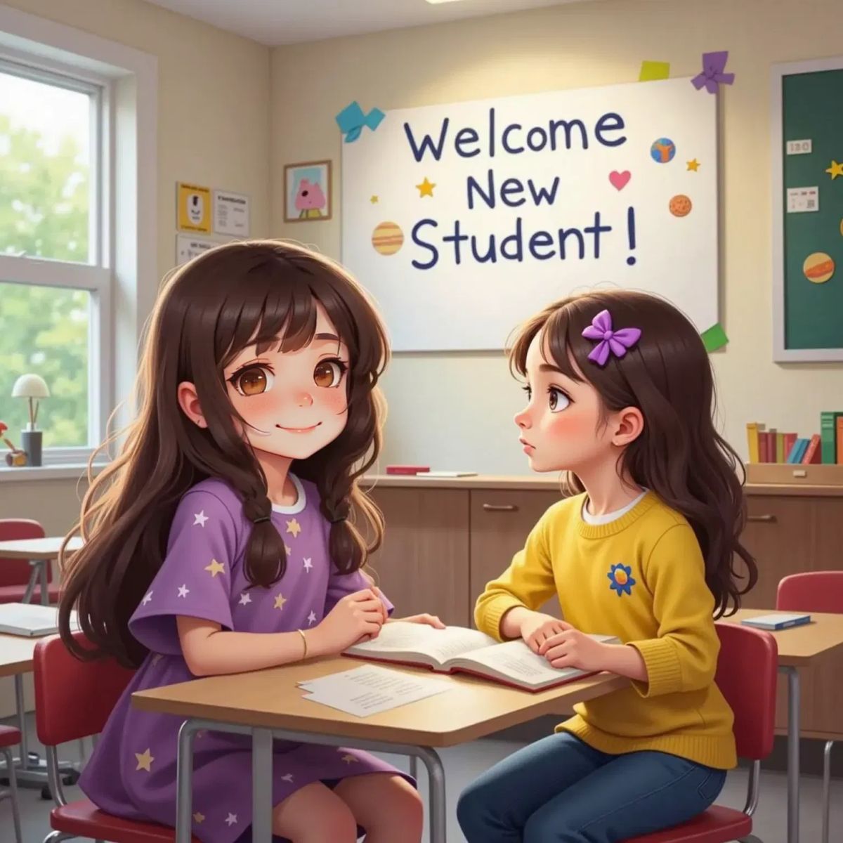 Allaria confidently talking to a new girl in class, both looking thoughtful. A classroom with colorful artwork on the walls.
