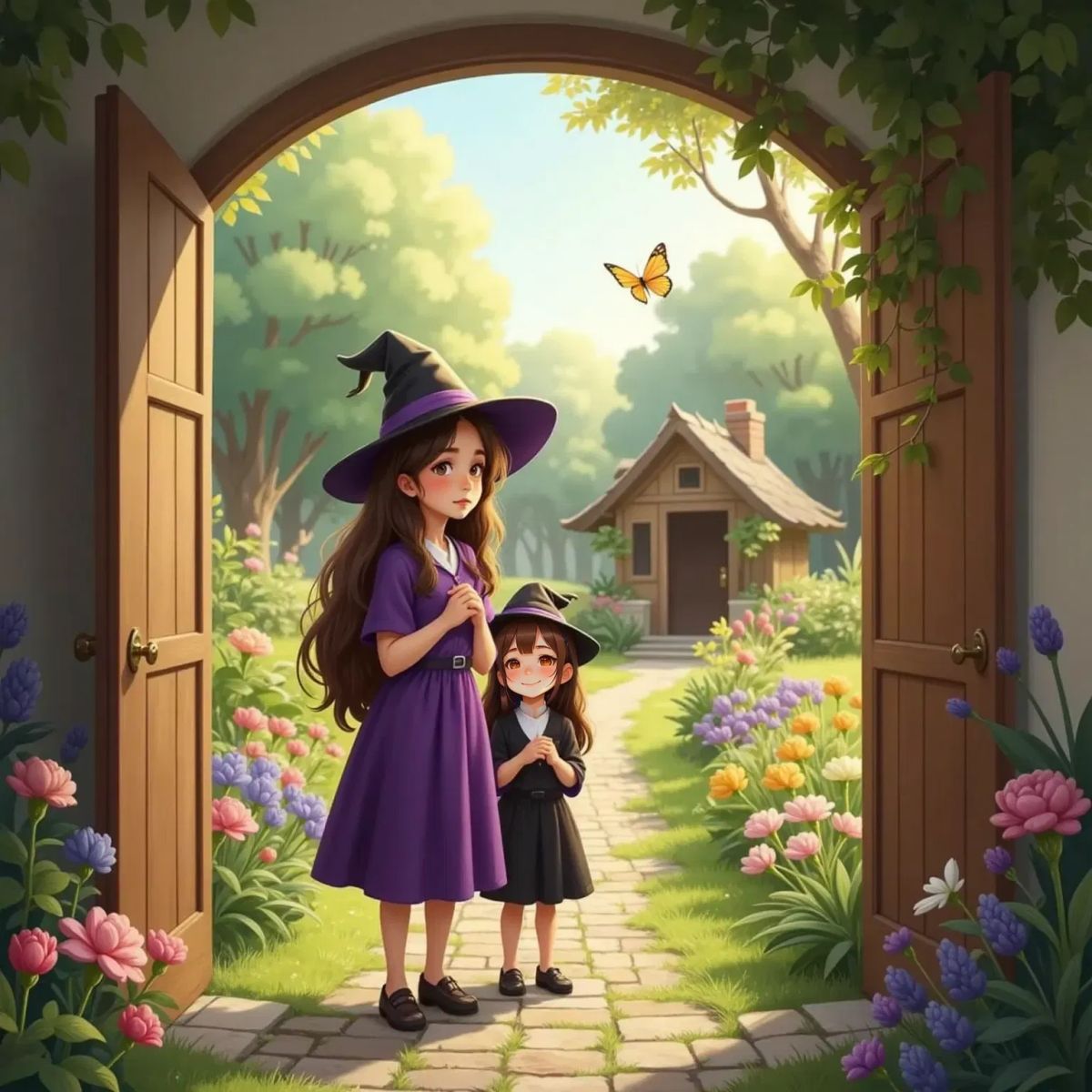 Allaria with her mom, hand over heart, feeling inspired. A vibrant garden visible through an open door.
