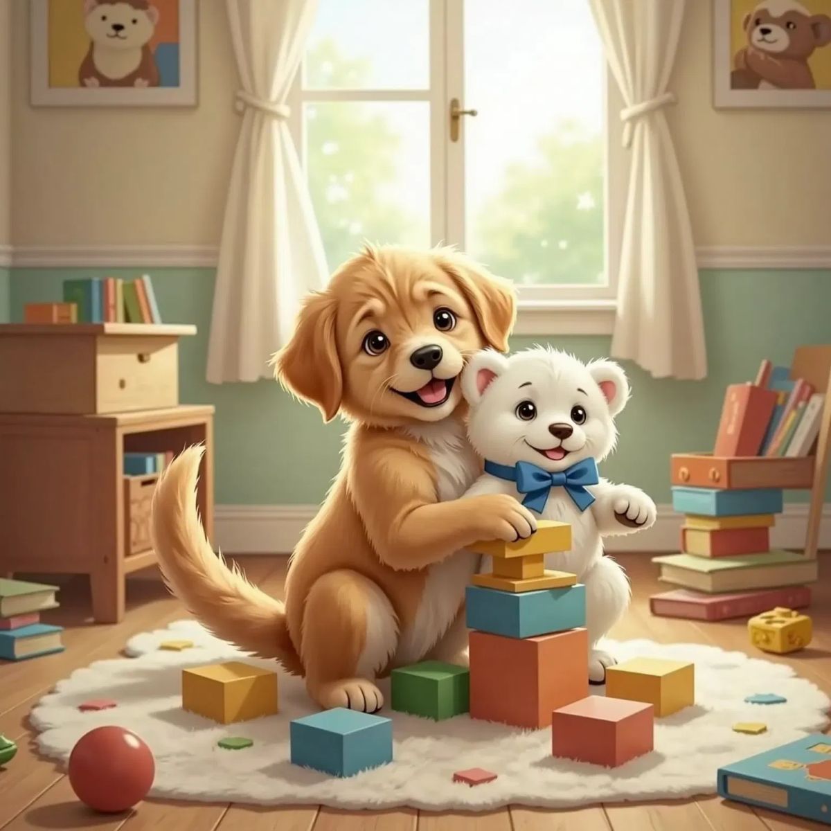Milo, a little golden retriever puppy, happily building a block tower while hugging a white teddy bear with a blue bow. A cozy room in the background.