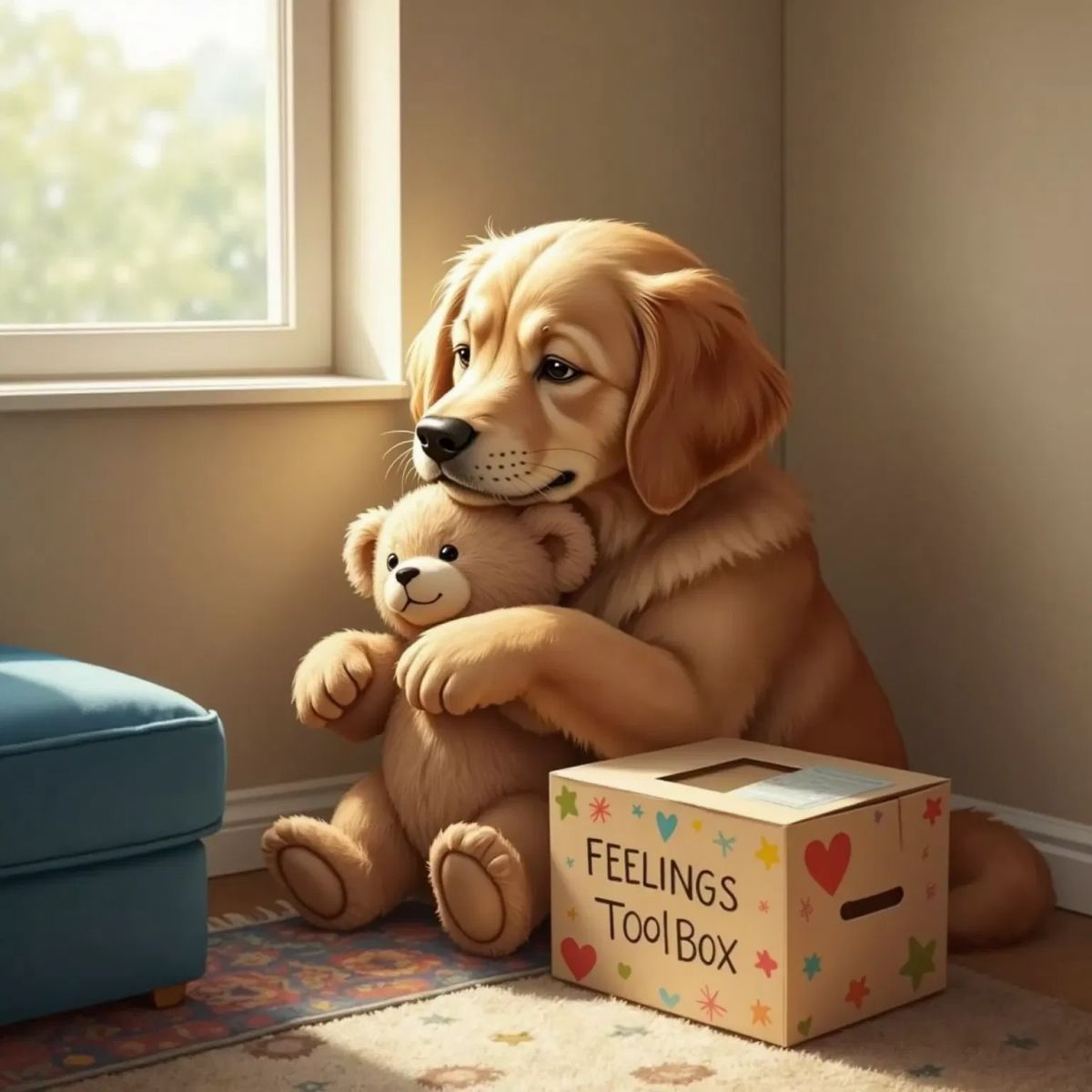 Milo sitting in a quiet corner, eyes closed, taking deep breaths. A small paper Feelings Toolbox beside him.