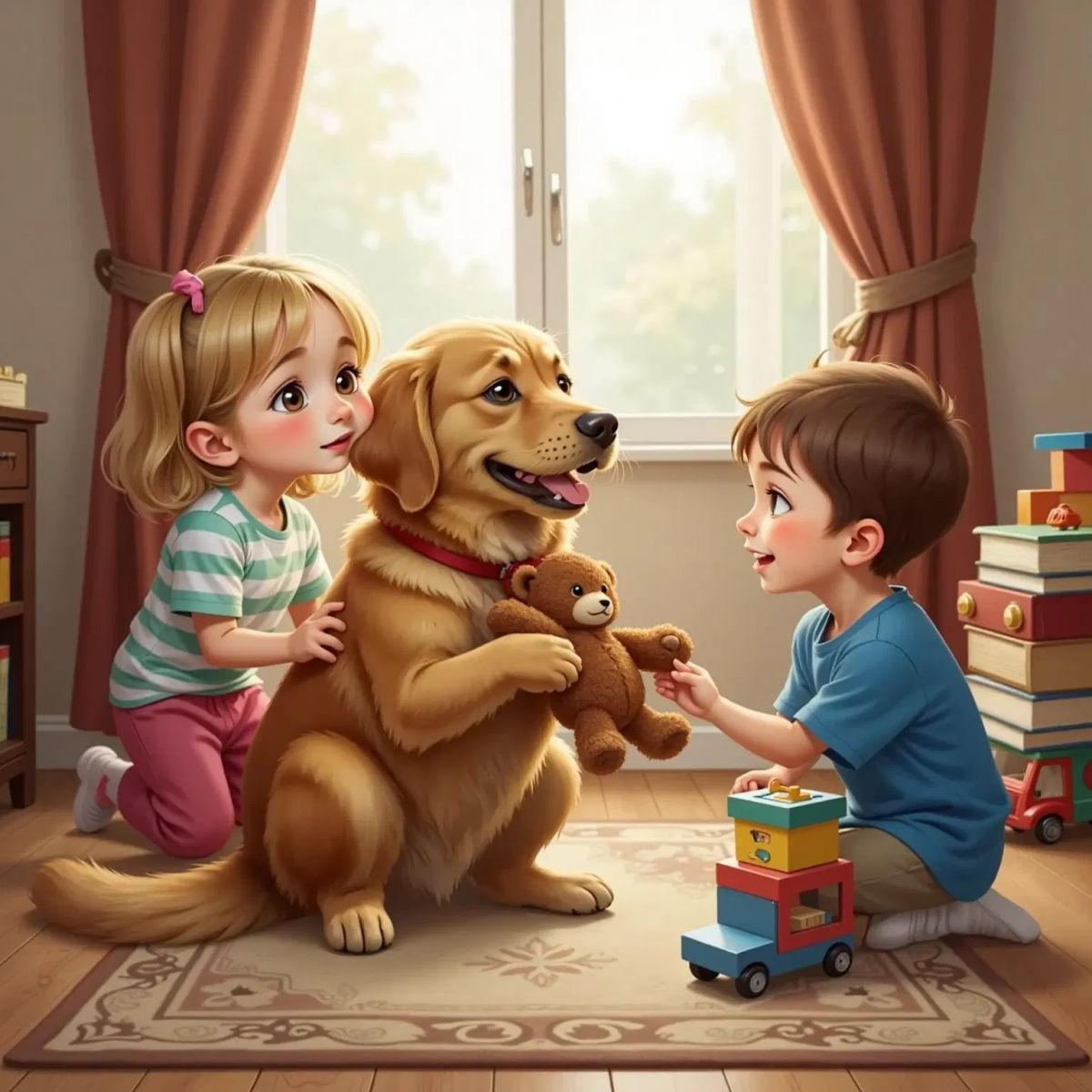 Milo smiling as his sister whispers 'Sorry' and his brother holds a block invitingly. A peaceful atmosphere in the room.