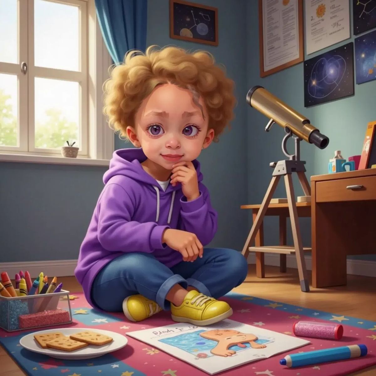 Raya in her room surrounded by crayons, glitter, a telescope, and some crackers with cheese.