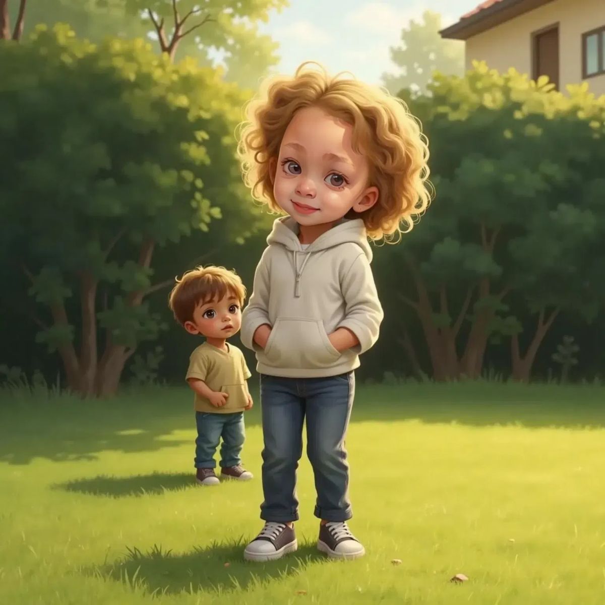 : Raya’s curls shining in the sun while another child looks on with a puzzled face. Raya looks unsure.