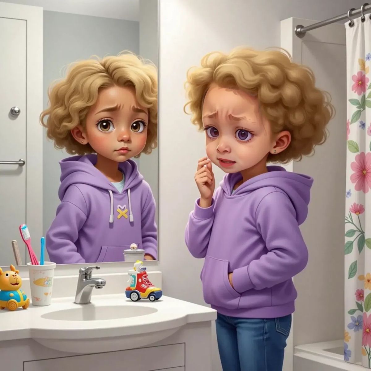Raya frowning at her reflection.