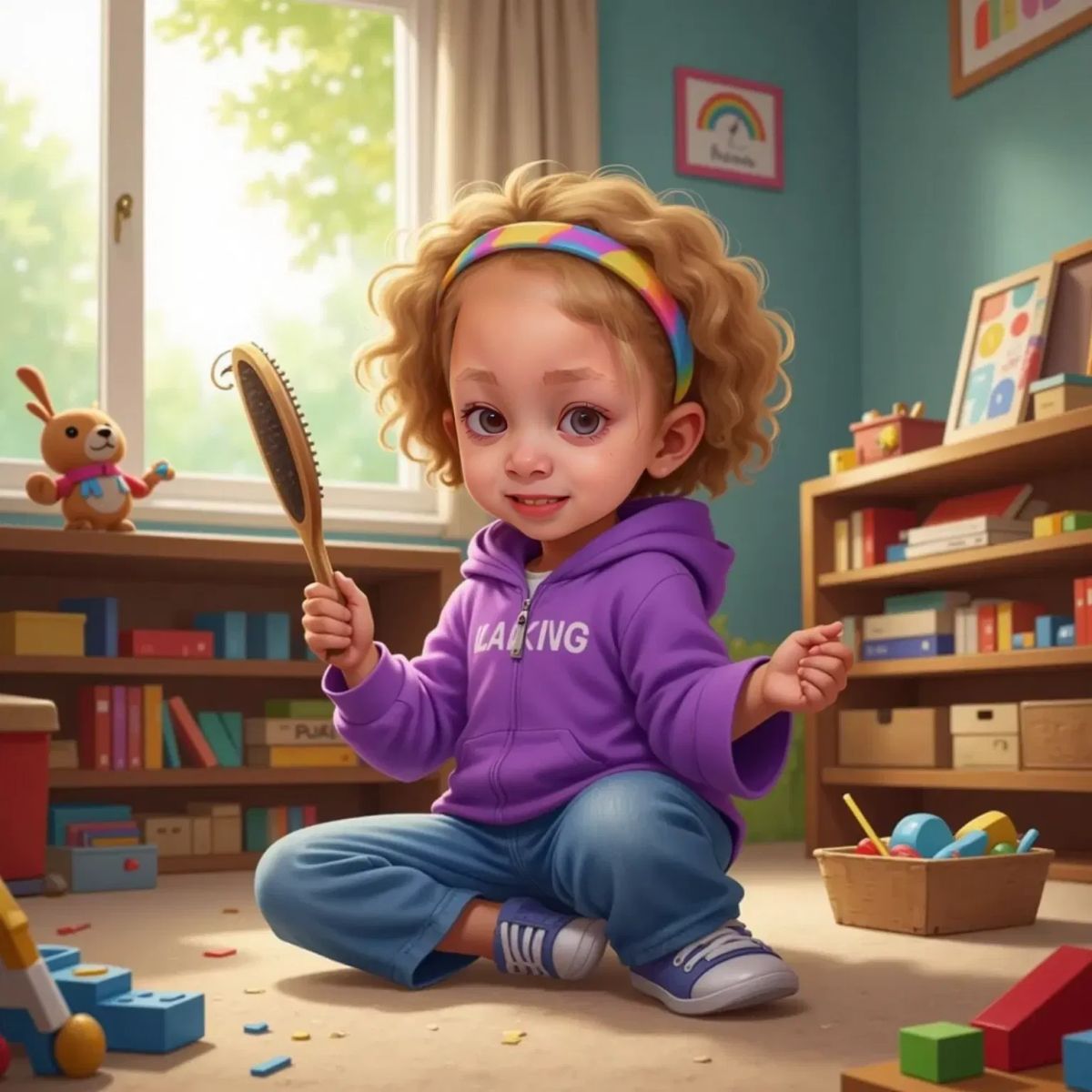 Raya wearing a headband, holding a brush, with curls springing right back up