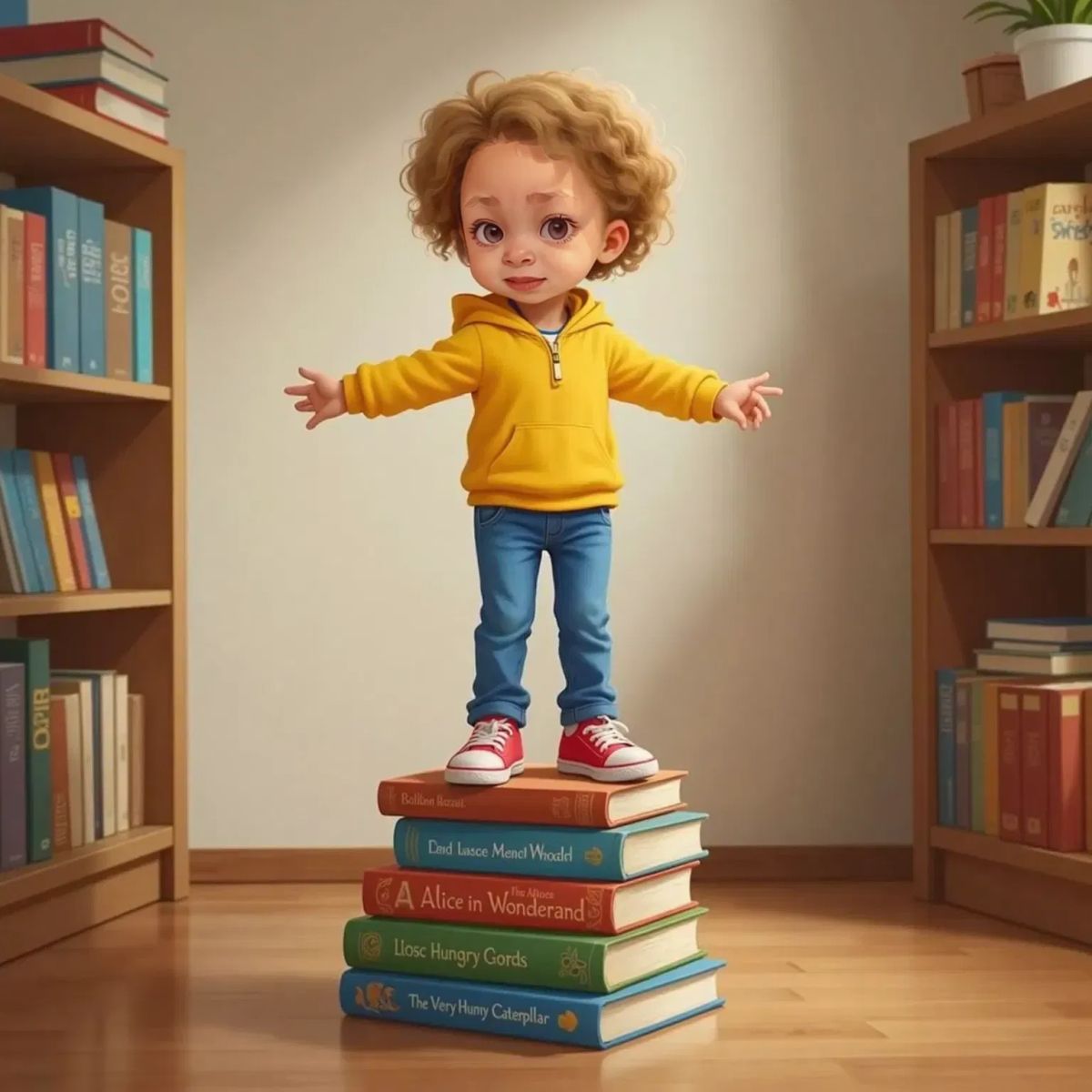 Raya standing on books, arms stretched, slightly off balance.
