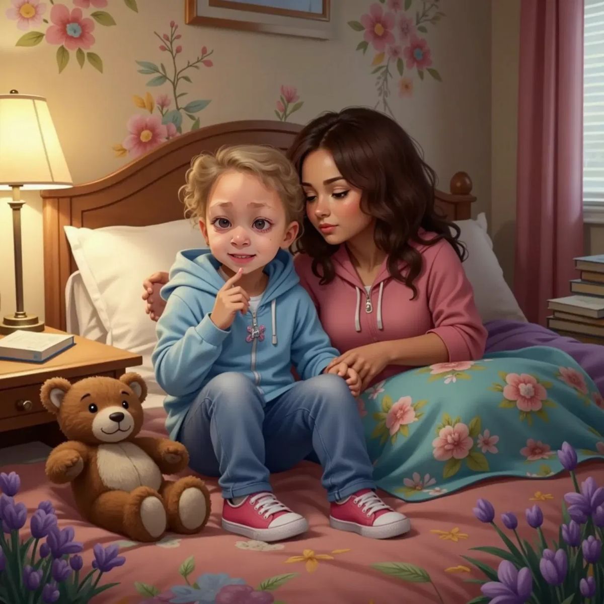 Auntie sitting beside Raya in bed, soft lighting and cozy blankets.