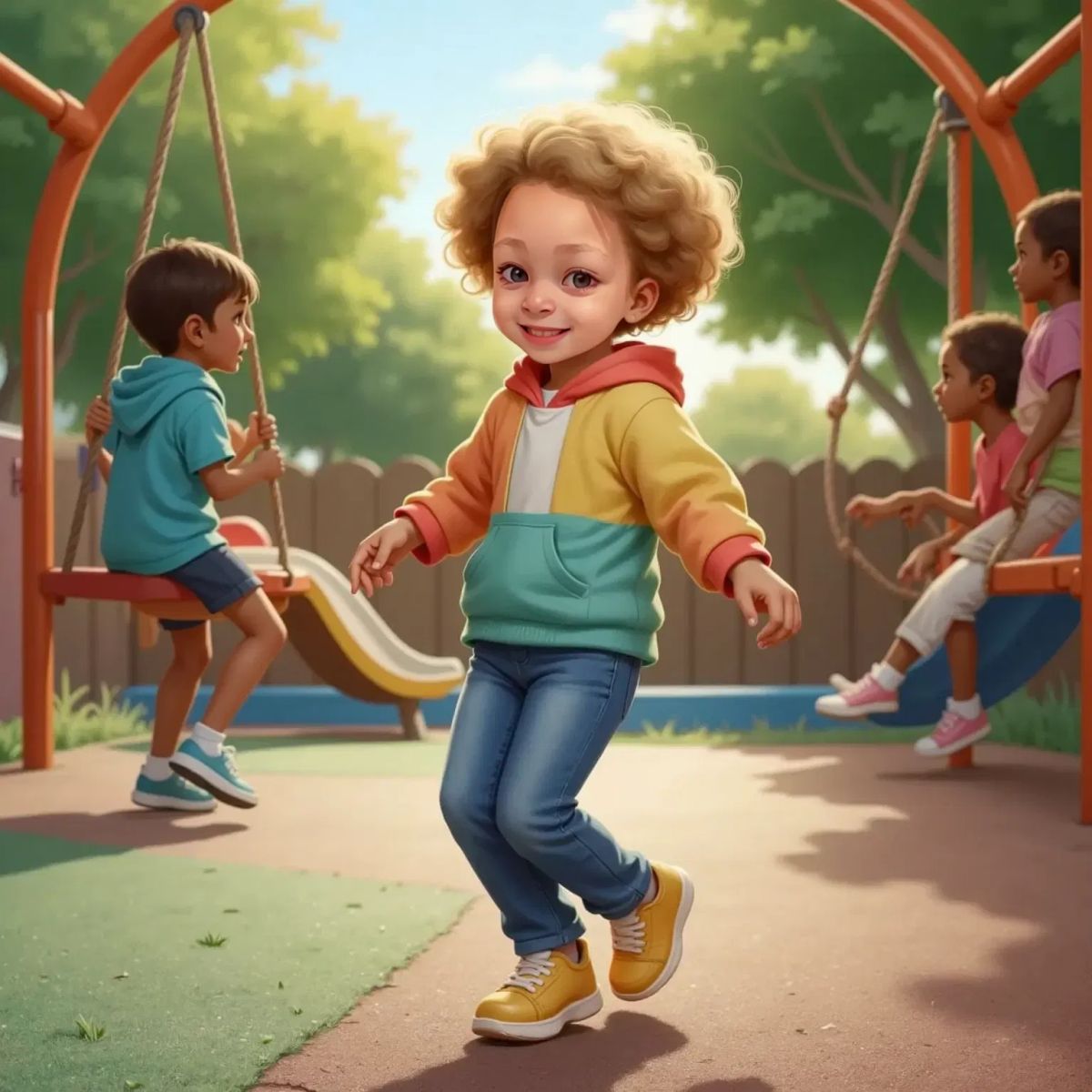 Raya beaming on the playground, mid-twirl, with other kids joining in.