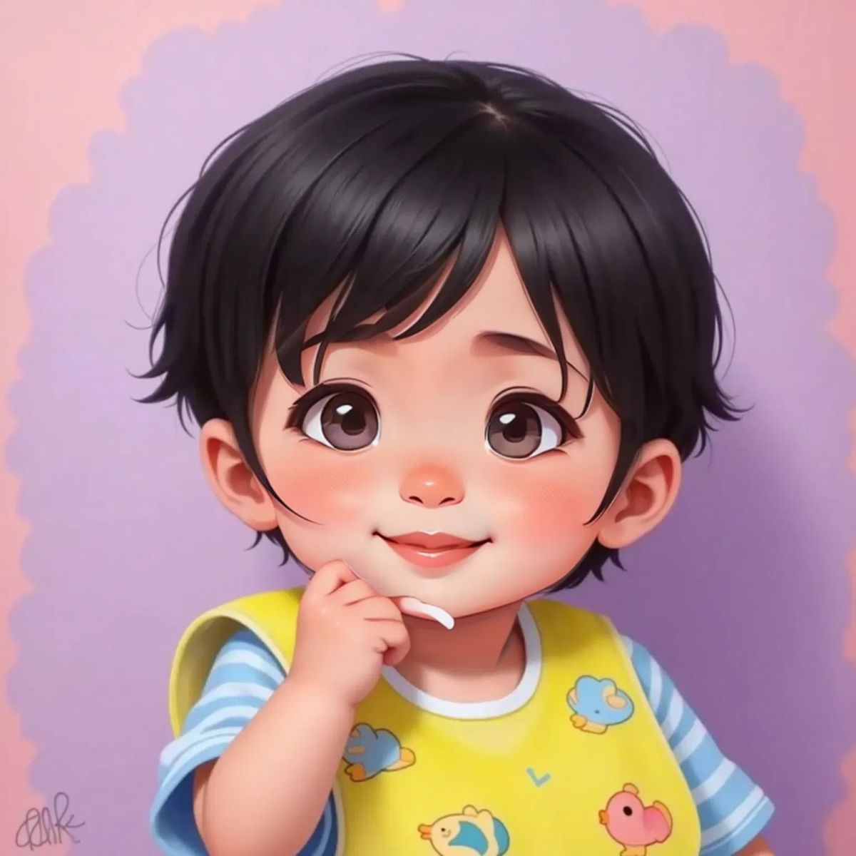 Mia smiling with a tiny tooth poking through her gum, her tongue touching it. A soft pastel background.