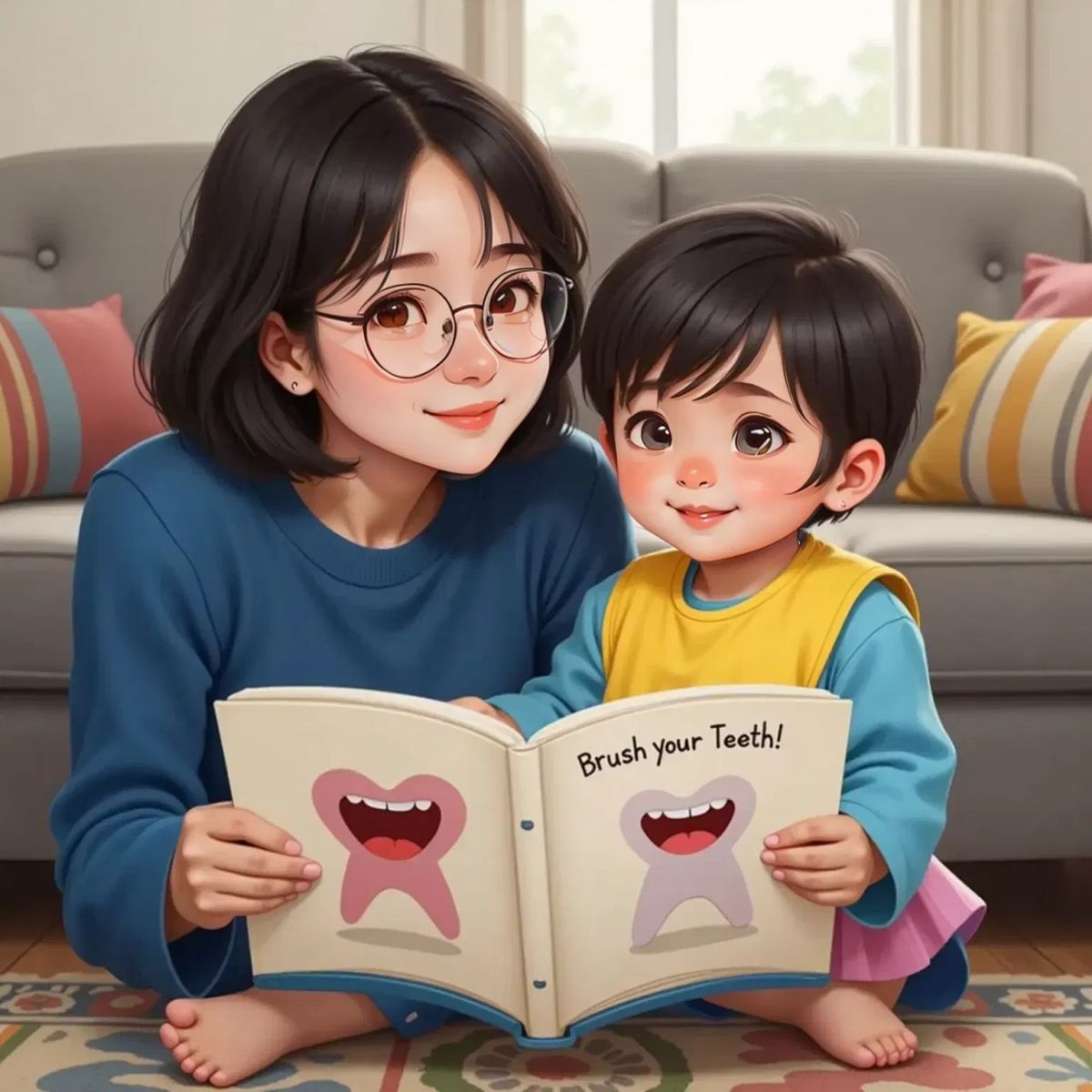 Mommy showing Mia a book with pictures of teeth, both smiling. A cozy living room with a couch in the background.
