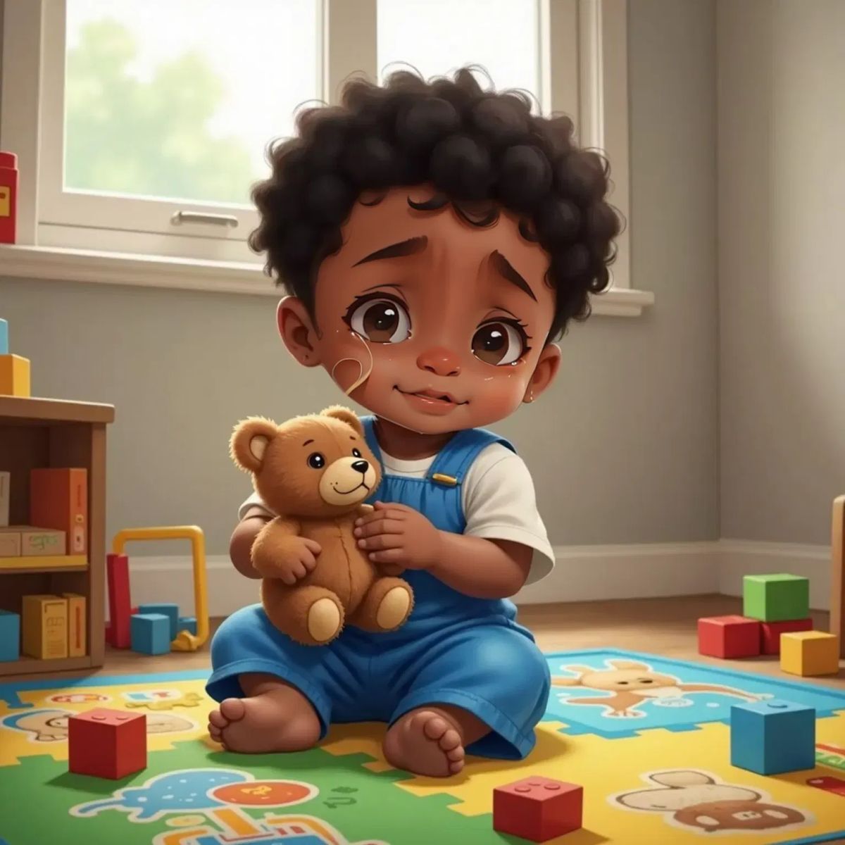 Sam with tears in his eyes, looking sad. A colorful playmat with building blocks in the background.