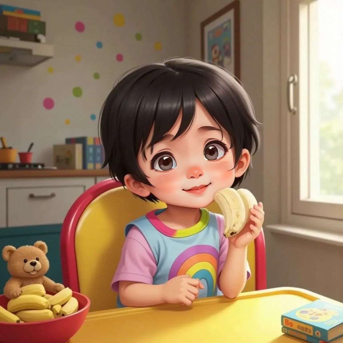 Mia happily biting into a soft banana, her first tooth visible. A high chair in a kitchen setting.