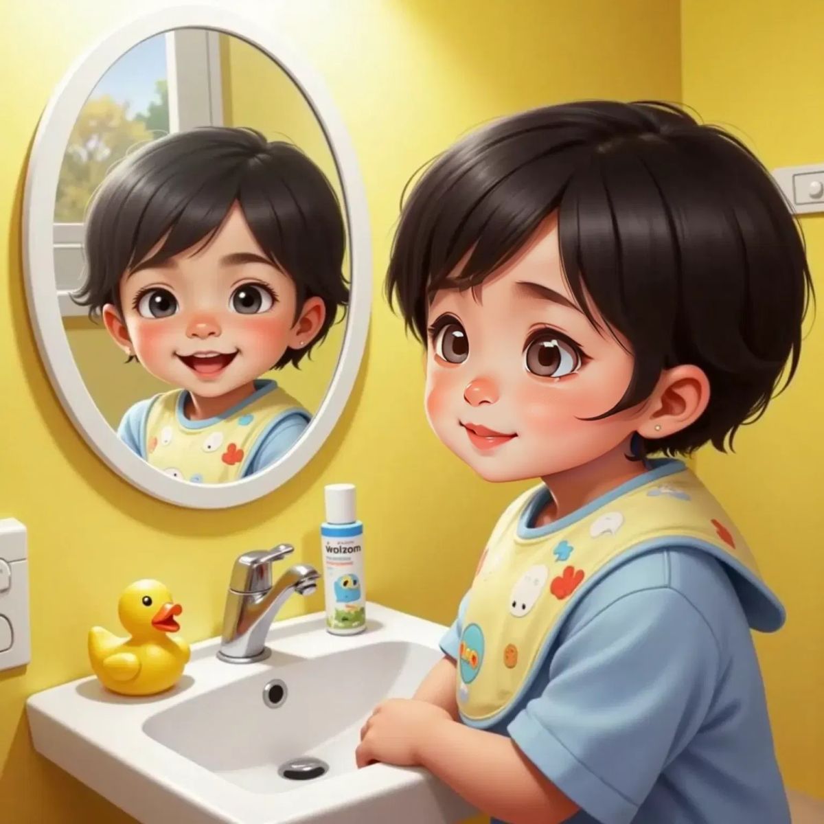 Mia looking in a mirror, smiling wide to show her little tooth. A bright bathroom with a mirror.