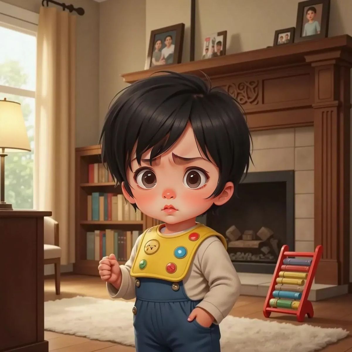 Mia looking determined, saying 'I'm angry!' with a small toy in the background. A cozy family room.