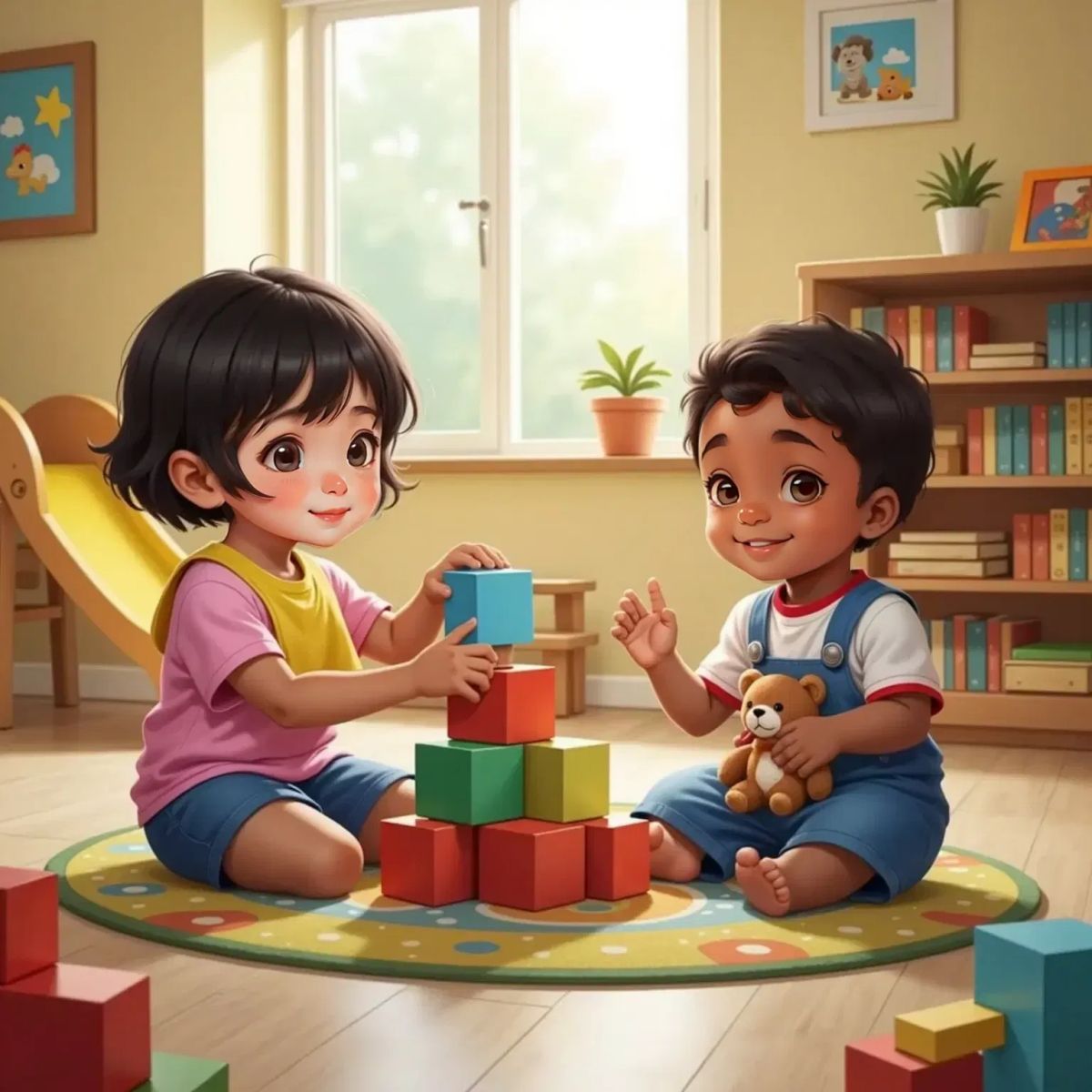 Mia and Sam playing with blocks, Mia saying 'My turn please' with a smile. A colorful play area.